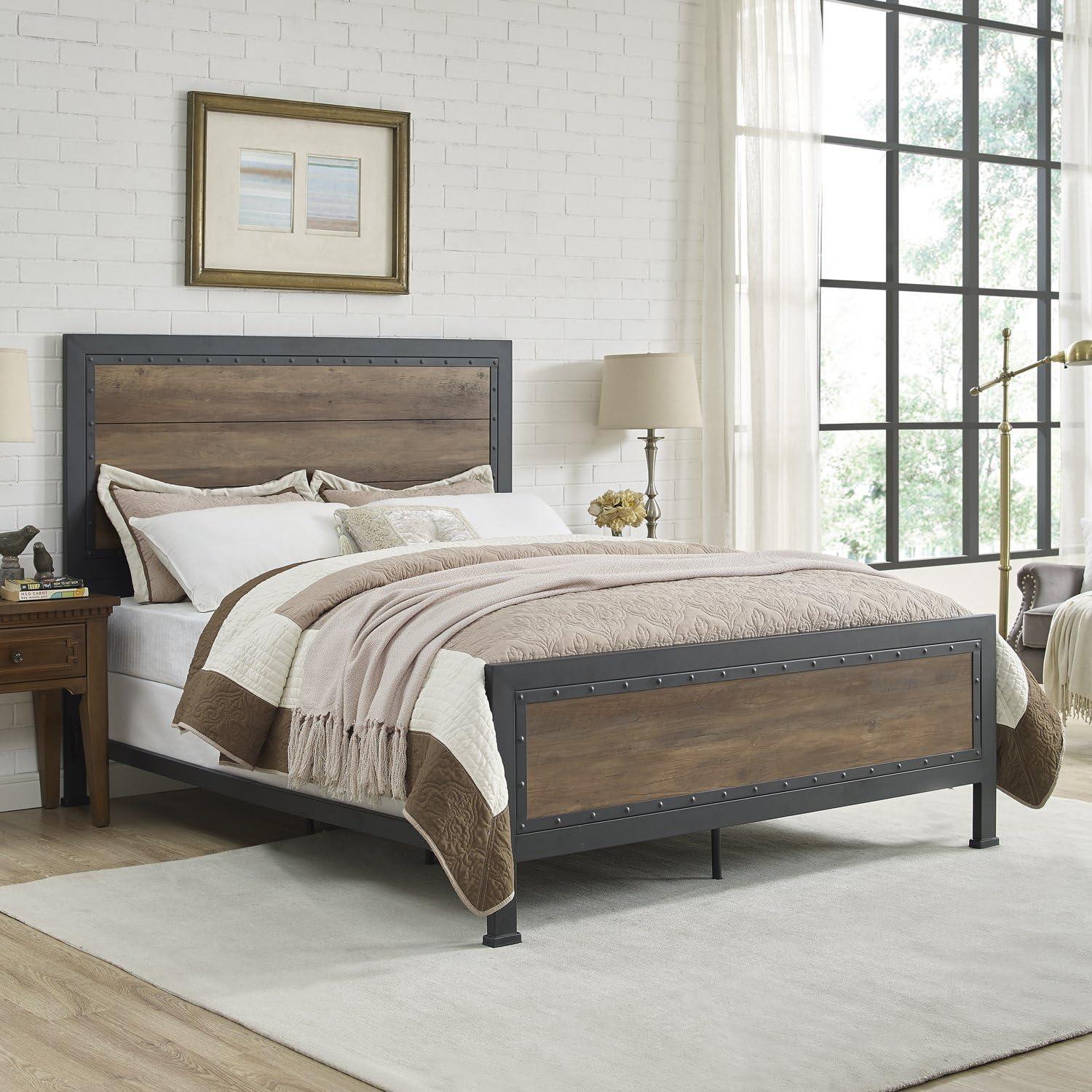 Rustic Oak Queen Bed with Metal Frame and Wood Headboard