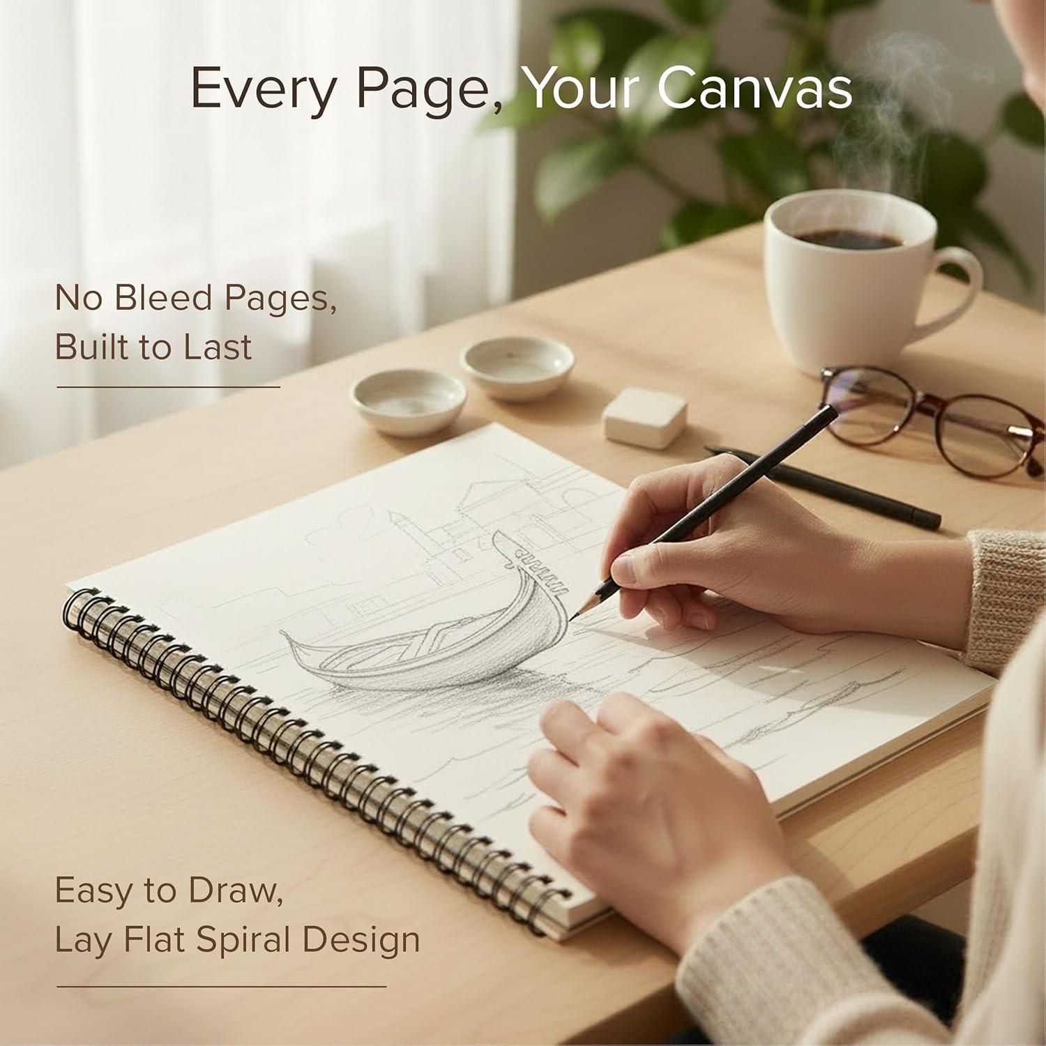 Artist’s Sketchbook Hardcover – 200GSM Very Thick Paper – Large, Spiral Sketch Book for Drawing and Mixed Media – Sketch Pad, Art Book - 11.4 x16.5, 40 Sheets / 80 Pages