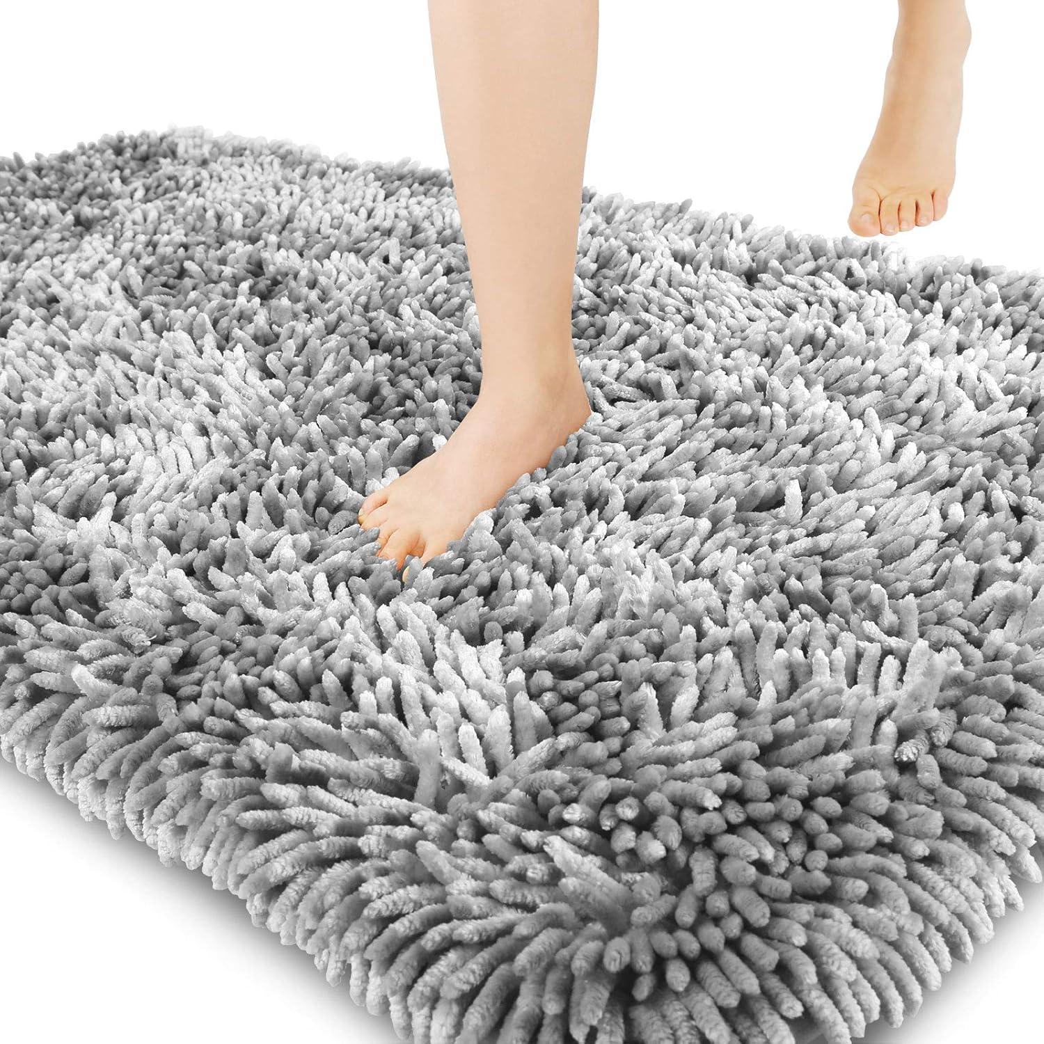 Bathroom Rug Mat, Extra Soft and Absorbent Luxury Chenille Shaggy Bath Rugs Non Slip, Machine Washble Dry, Plush Floor Carpet for Tub, Shower, and Bath Room, Light Gray