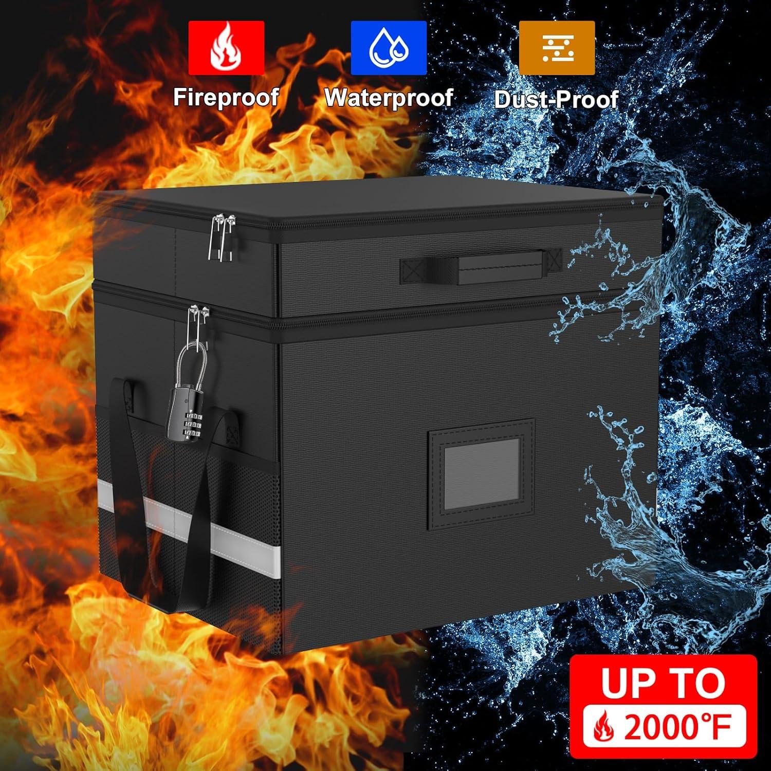 HAMOPY Modern Black Fireproof Document Box, 15.5 x 12.2 x 12.99 inches, 27 Compartments, Collapsible, Portable, Water Resistant, Zipper Closure