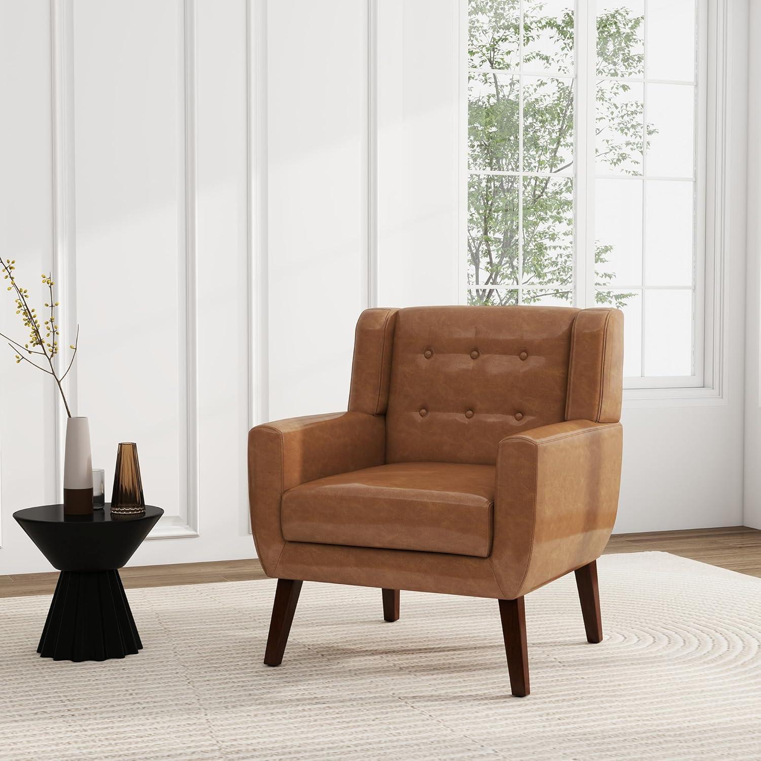 UIXE Faux Leather Accent Chair Upholstered Comfortable Armchair Modern Bedroom Chairs with Solid Wooden Legs, Brown