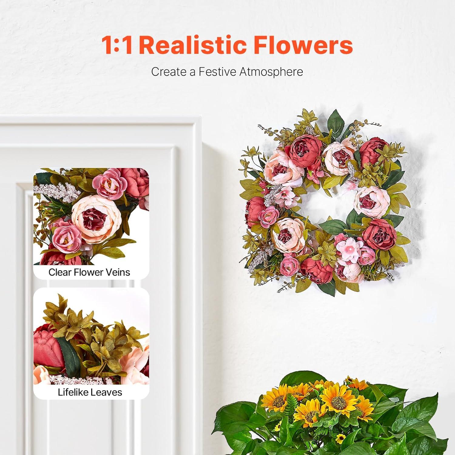 VEVOR Spring Wreath for Front Door 19 Inch - Artificial Peony Floral Wreath with Greenery, Year-Round All Season Outdoor Indoor Decor