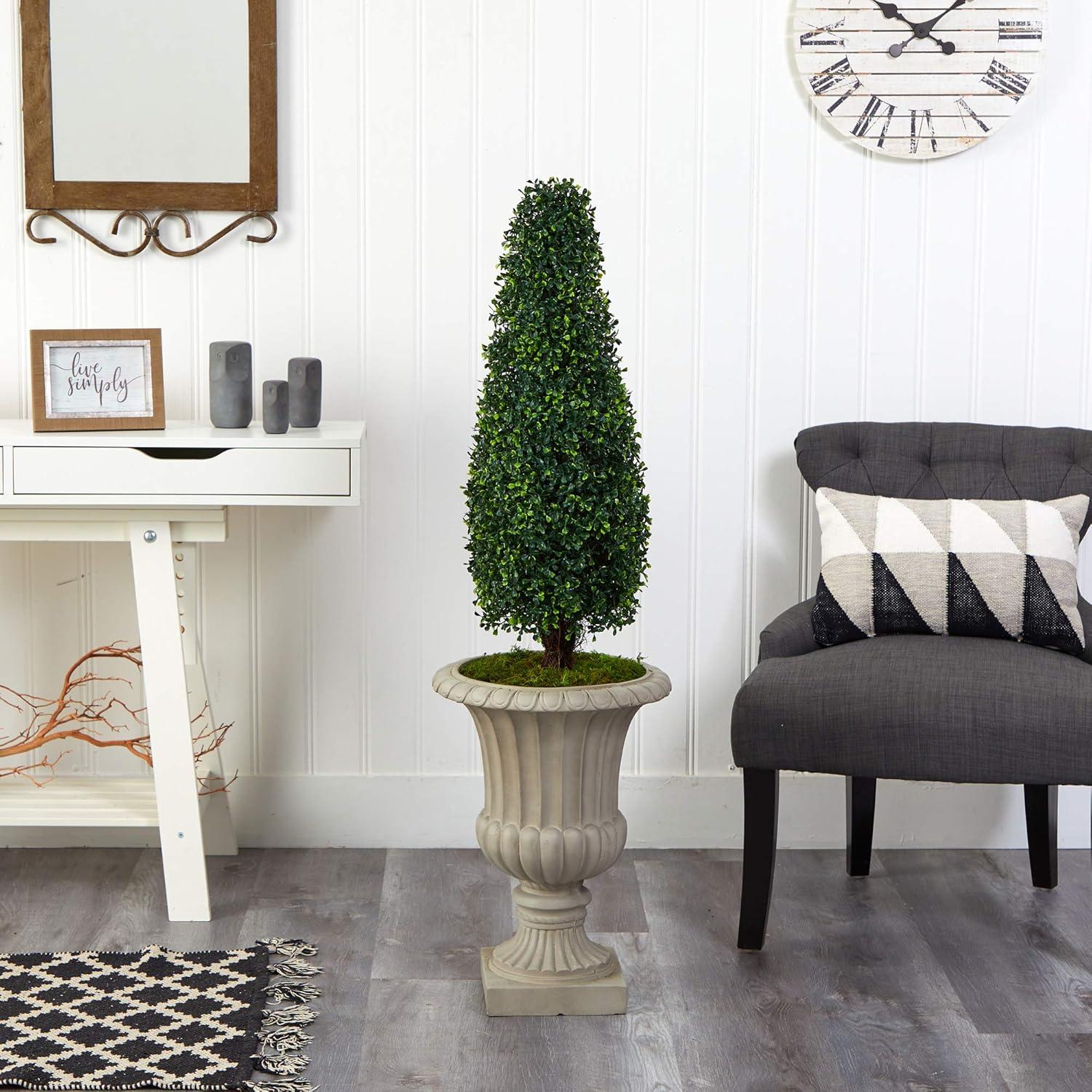 Nearly Natural 4ft. Boxwood Tower Artificial Topiary Tree in Sand Finished Urn (Indoor/Outdoor)