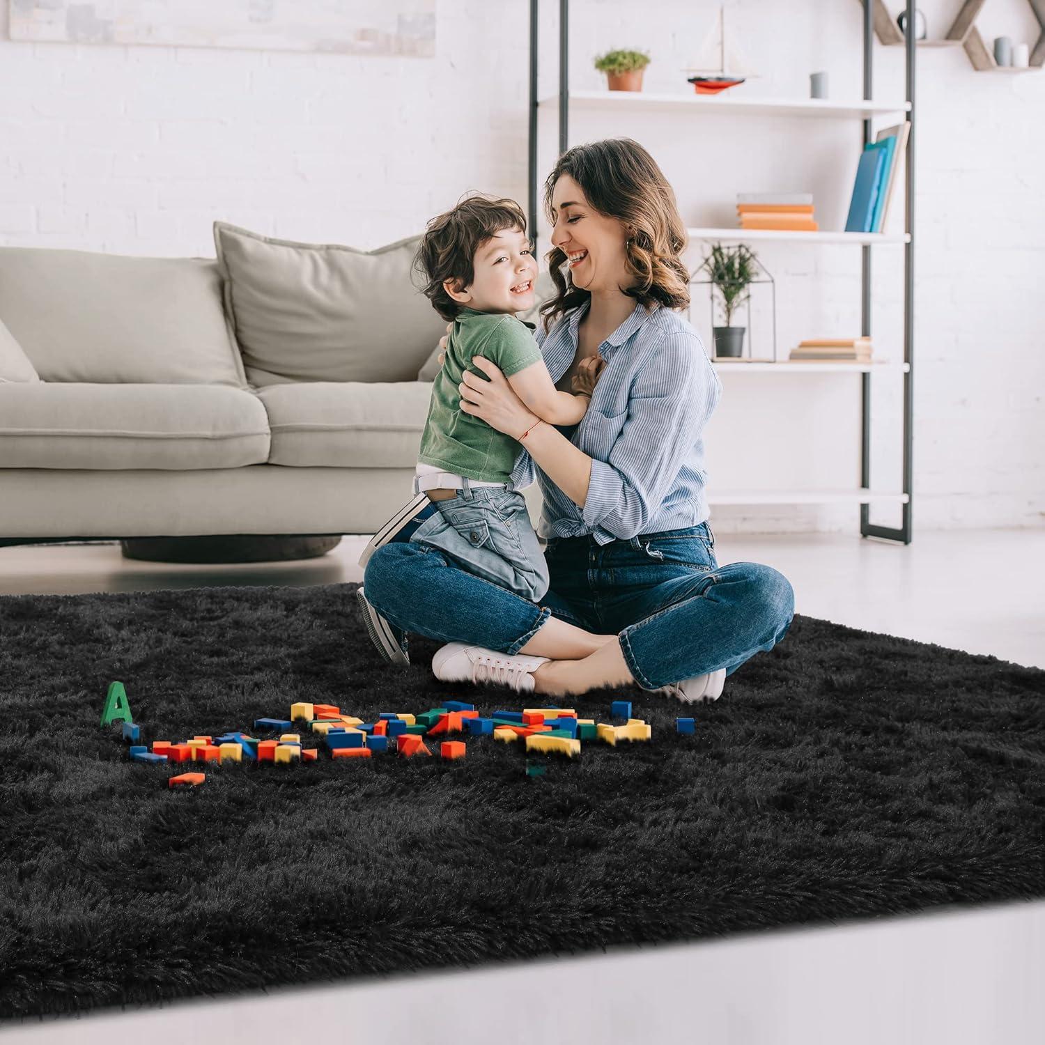 Bailu Fluffy Black Rug for Living Room,5x8 Area Rugs,Thick Plush Shag Rug,Shaggy Rugs for Bedroom,Big Fuzzy Carpet,Comfy Kids Rugs,Large Living Room Rugs,Living Room Decor