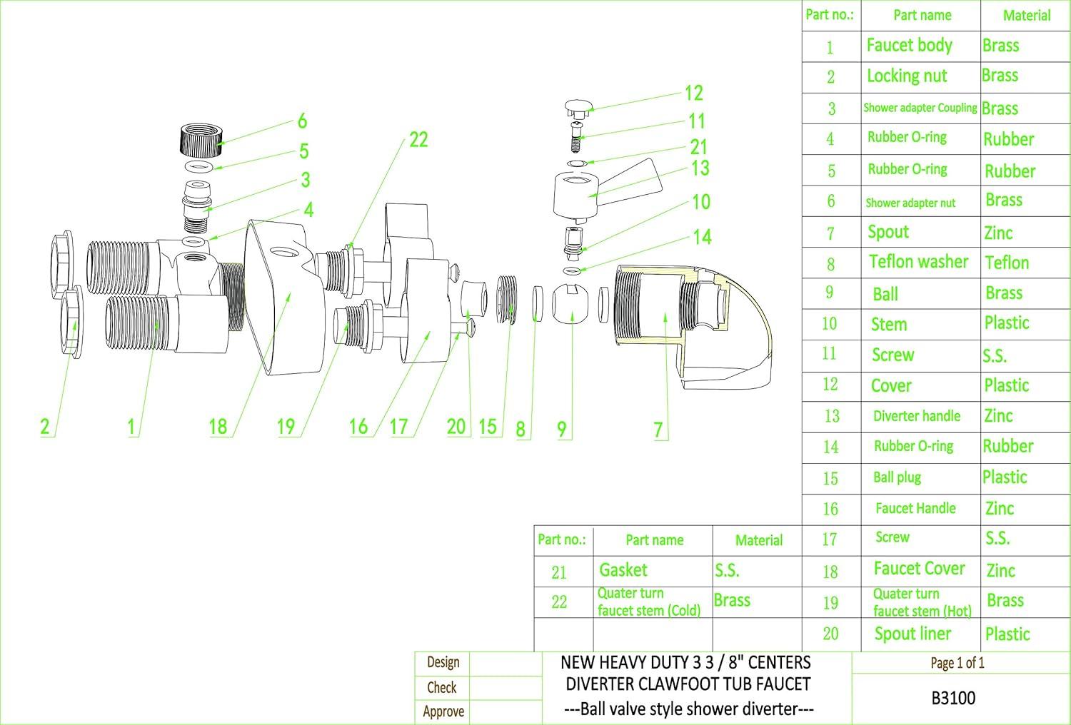 B3100 3 ⅜-Inch Centers Clawfoot Tub Faucet with Ceramic Cartridges & ¼-Turn Ball-Valve Diverter - Diverter Bathcock - Faucet Replacement - Solid-Brass Chrome-Plated - ¾ Male IPS Inlet