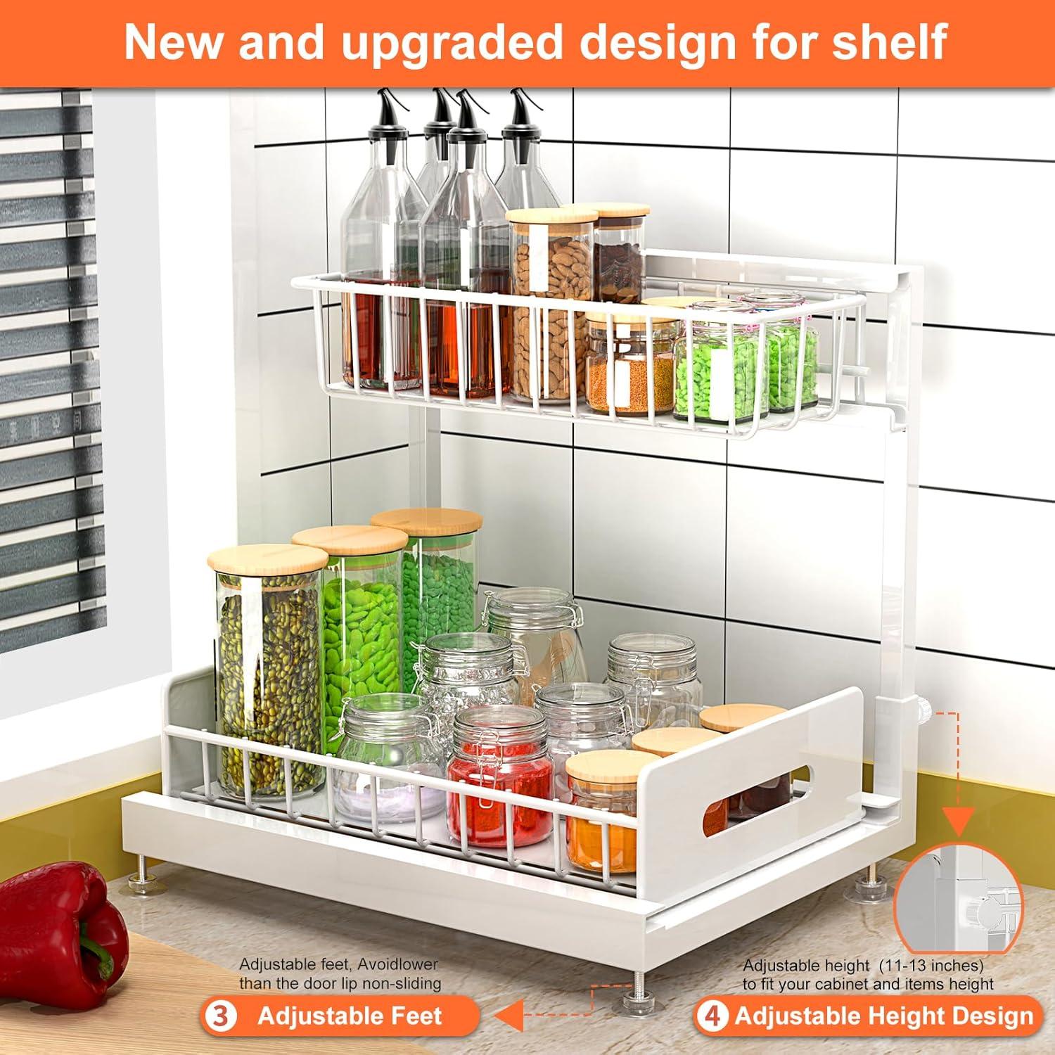Delamu 2 Pack Under Sink Organizer and Storage, 2 Tier Pull Out Cabinet Organizer, Slide Out Under Sink Storage Shelf for Kitchen Bathroom, White