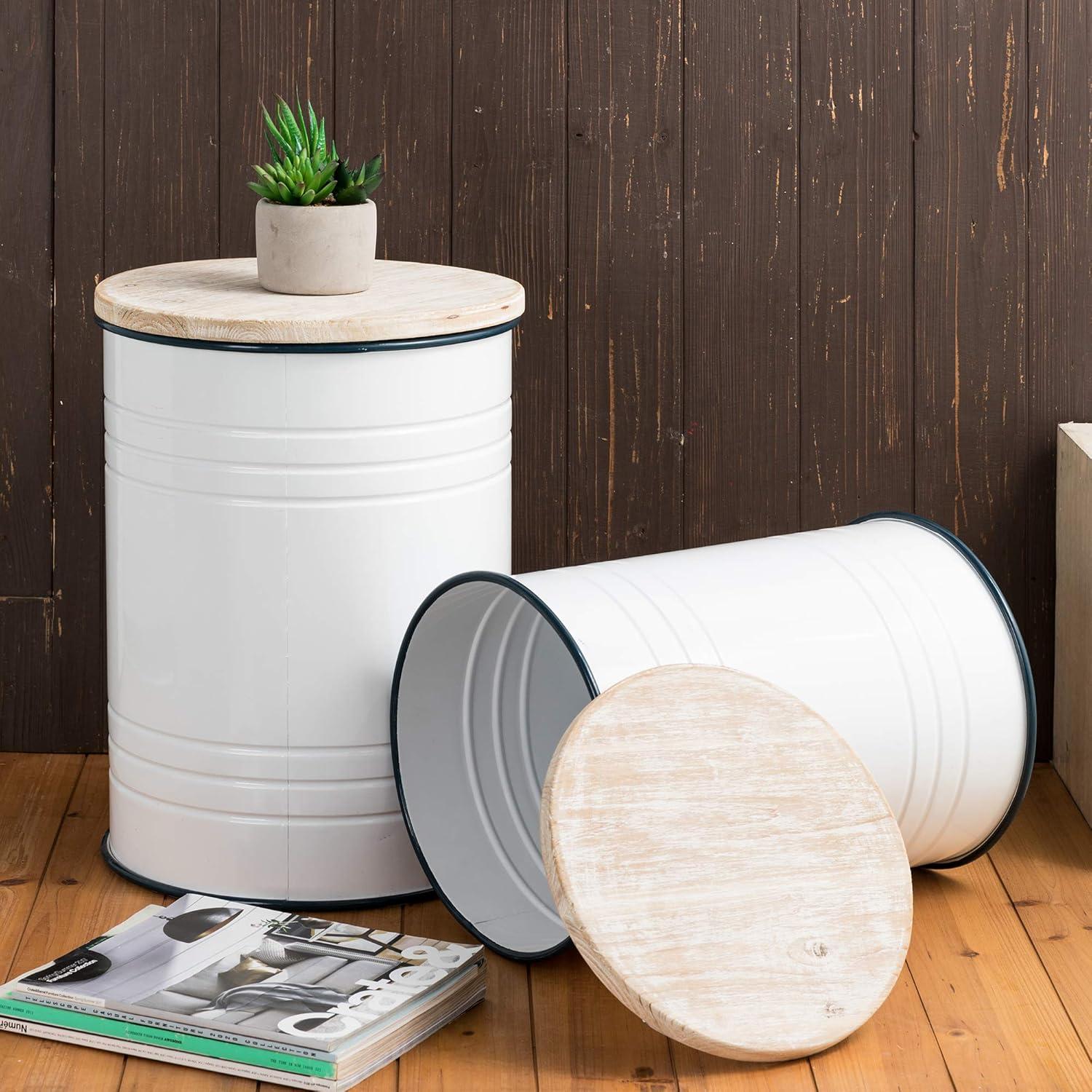 White Metal and Wood Farmhouse Storage Accent Stools, Set of 2