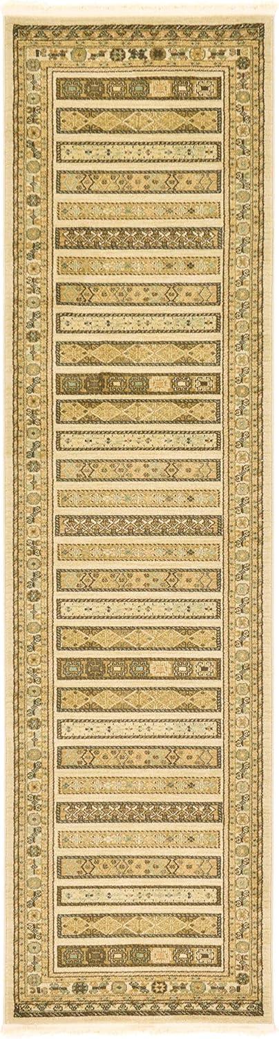 Ivory and Beige Striped Synthetic Runner Rug with Fringe