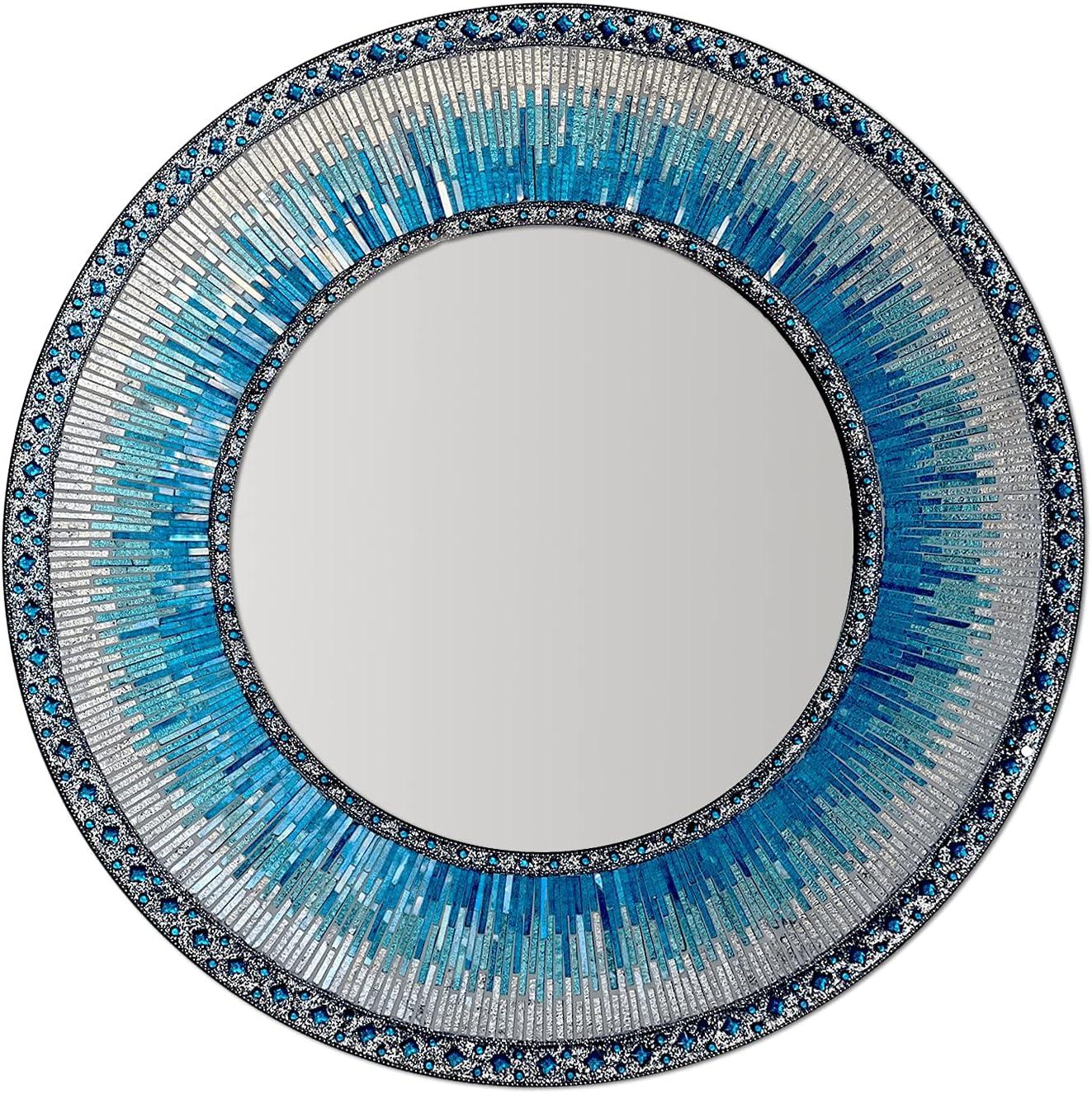 DecorShore 24" Round Decorative Mosaic Wall Mirror in Shades of Ocean Blue, Aqua, Silver, and Teal