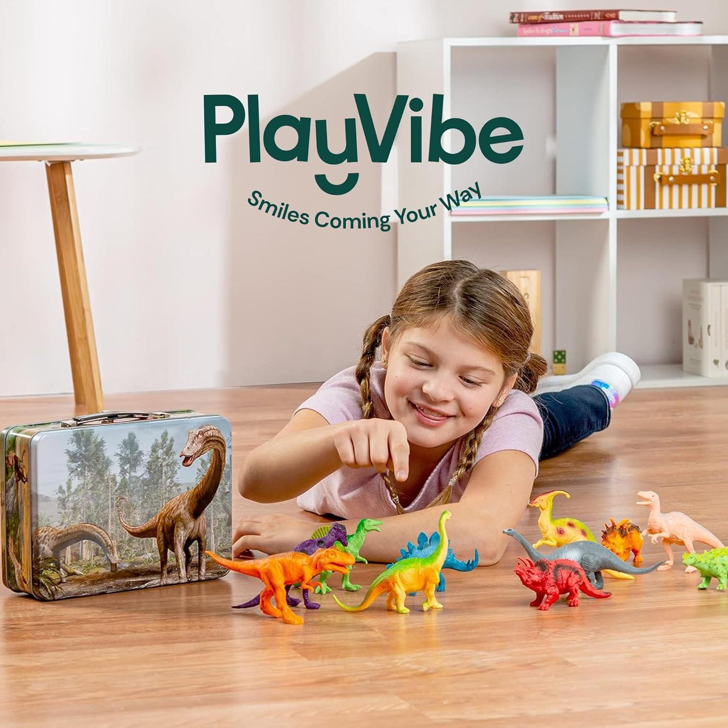 PLAYVIBE Dinosaur Toys for Kids - 12 Realistic Small Dinosaur Figures with Metal Storage Box & Soft Dino for Boys and Girls 3-7 Years - Spinosaurus Toddler Toys
