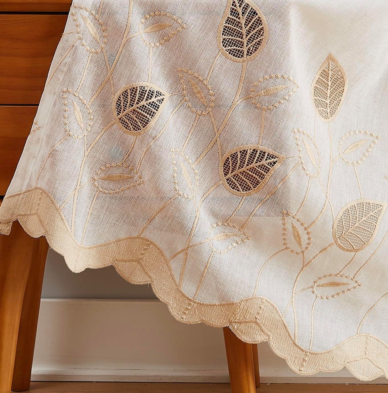 Gold Leaf Embroidered Linen Sheer Valance Curtains