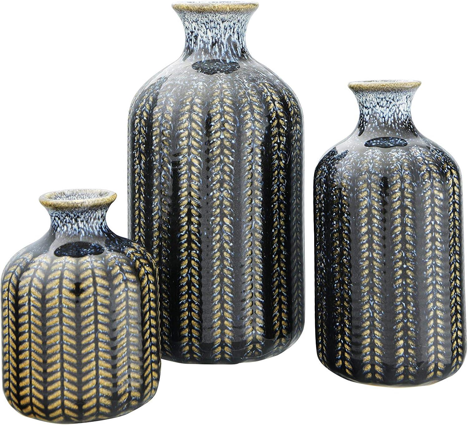 Creative Co-Op Round Embossed Stoneware Vase with Vertical Lines and Reactive Glaze Finish, Blue, Set of 3