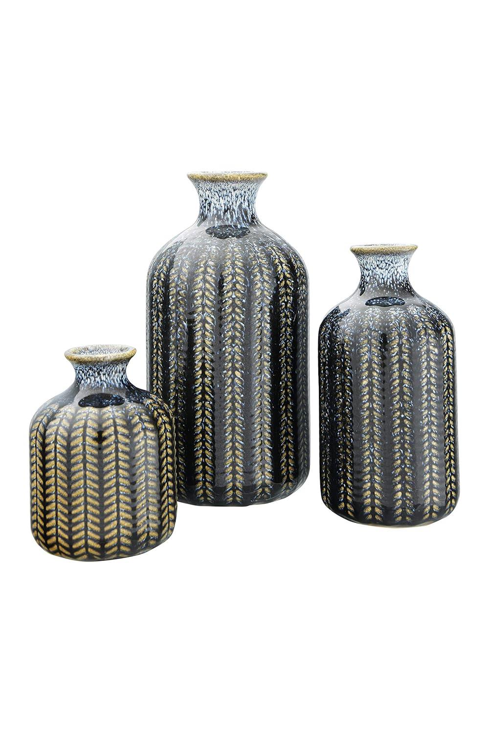 Creative Co-Op Round Embossed Stoneware Vase with Vertical Lines and Reactive Glaze Finish, Blue, Set of 3