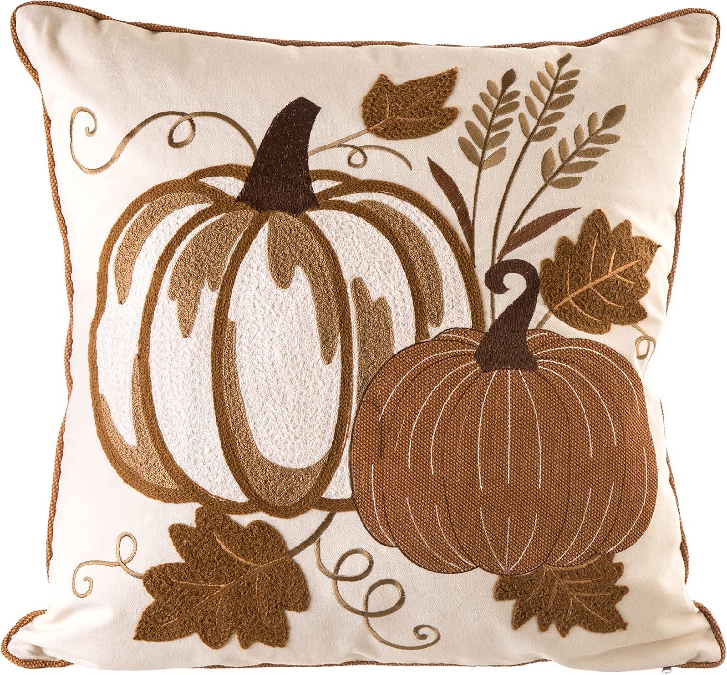 18x18 Beige Cotton Polyester Embroidered Pumpkin Throw Pillow