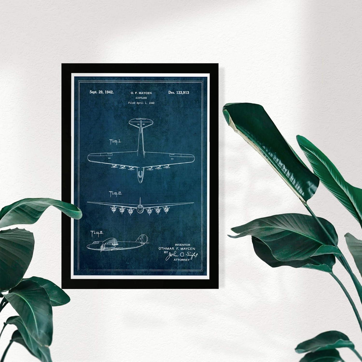 Blue and White Airplane Patent Framed Print 13" x 19"