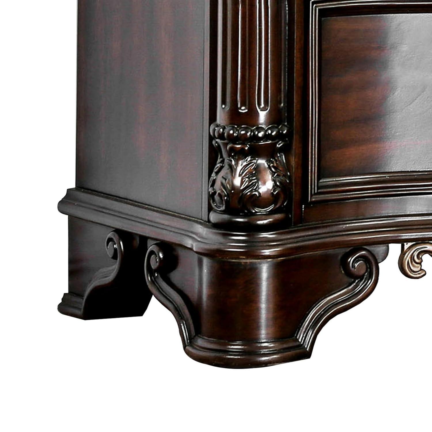 Benzara 30 Inch Nightstand with 2 Drawers, Classic Marble Top, Ornate Pilasters, Dark Cherry Brown