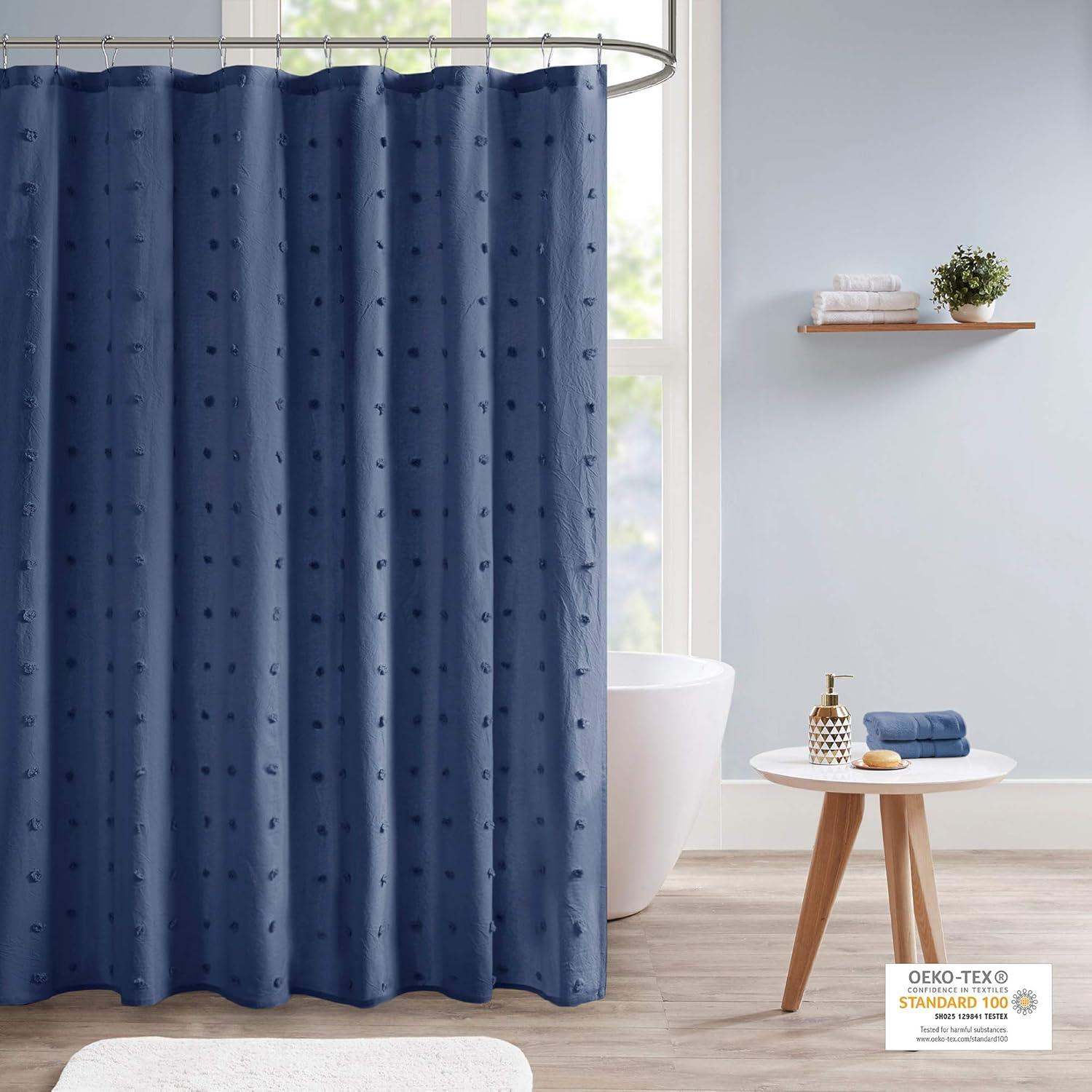 Urban Habitat Brooklyn Cotton Jacquard Pom Pom Shower Curtain in Indigo Blue