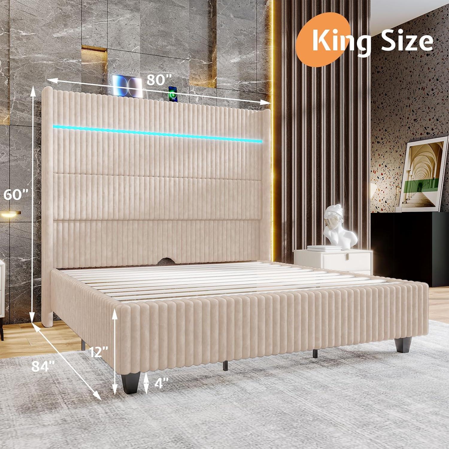 Ivy Bronx LED Bed Frame, Corduroy Upholstered Platform with 60" Tall Headboard & Charging Station
