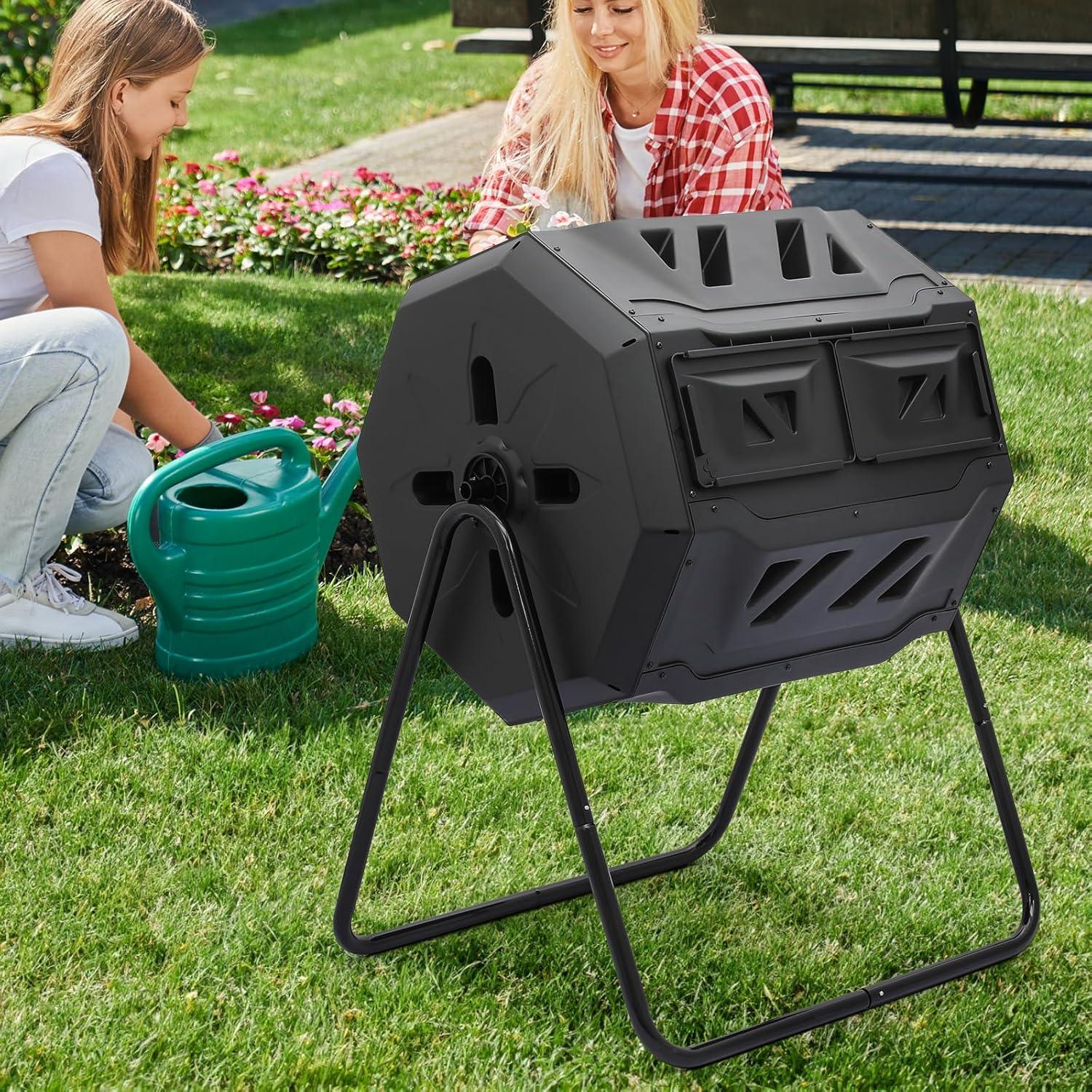 43 Gallon Dual Chamber Compost Tumbler, Tumbling Rotating Composter, with 2 Sliding Doors and Gloves