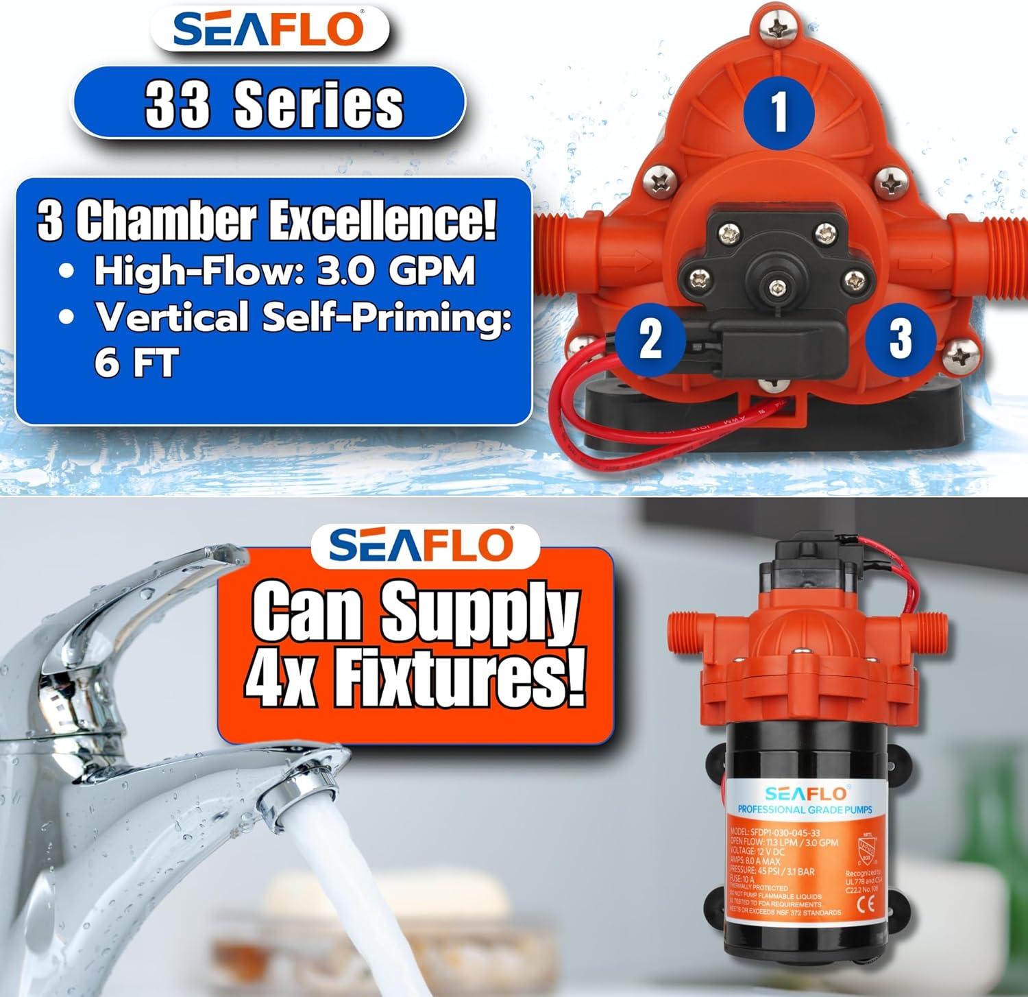 SEAFLO 123ABC, 3.0A, 12V, Orange and White, Diaphragm Self Priming Water Transfer Pump, 3.0 GPM