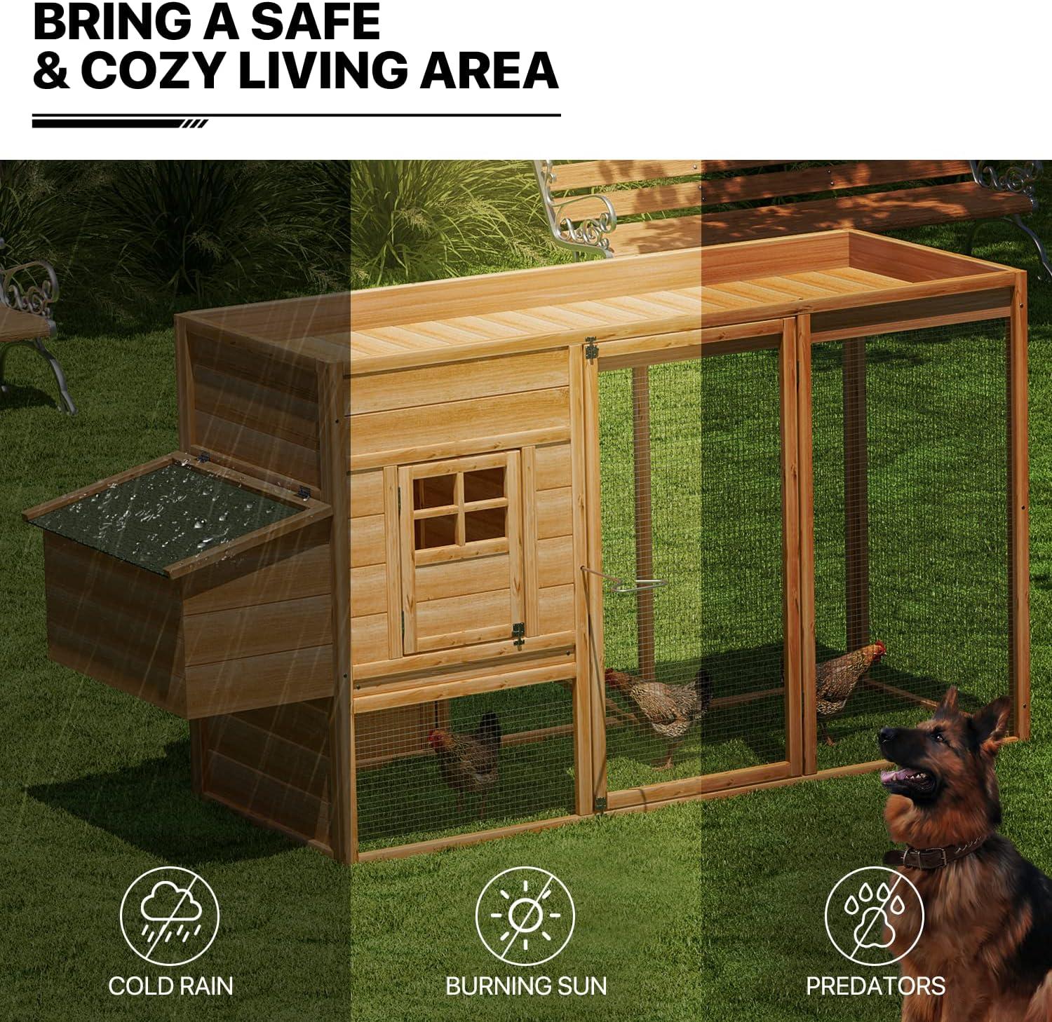 MoNiBloom Outdoor Chicken Coop with Nesting Box, Outdoor Hen Run House with Slide-Out Tray and Sliding Door, Weatherproof Poultry Cage, Rabbit Hutch, Wood Duck House (Natural)