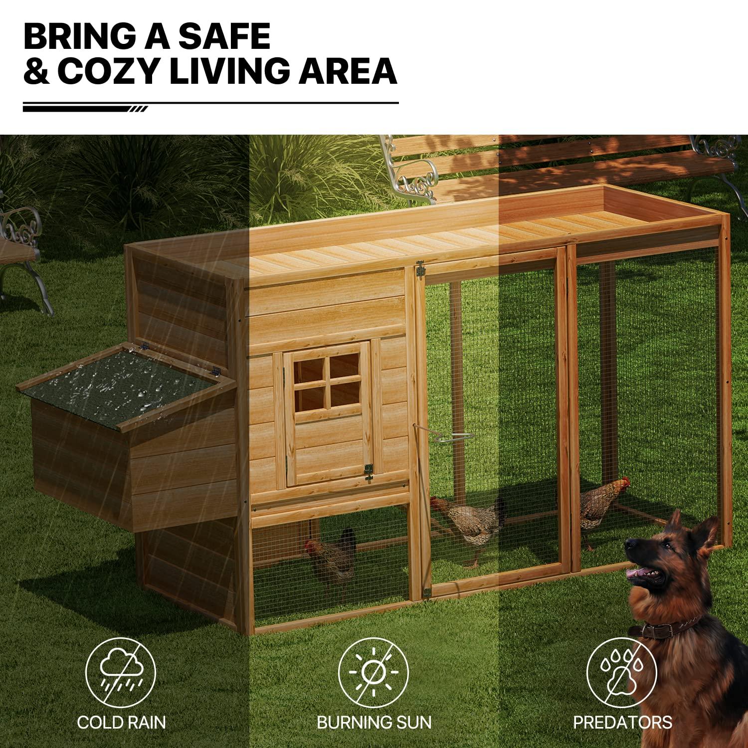 MoNiBloom Outdoor Chicken Coop with Nesting Box, Outdoor Hen Run House with Slide-Out Tray and Sliding Door, Weatherproof Poultry Cage, Rabbit Hutch, Wood Duck House (Natural)