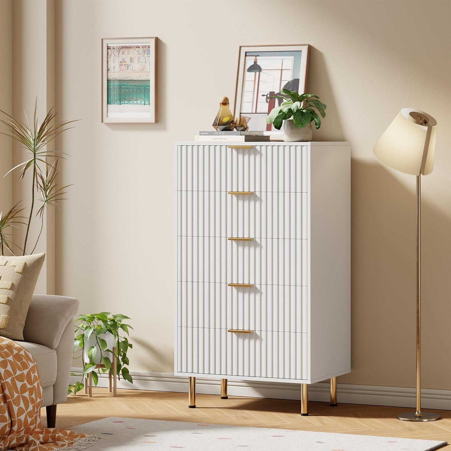 Garvee Fluted 5 Drawer Dresser for Bedroom, 48" Tall Modern Chest of Drawers, Wooden Dresser Organizer for Living Room, Hallway, Kids Room, White