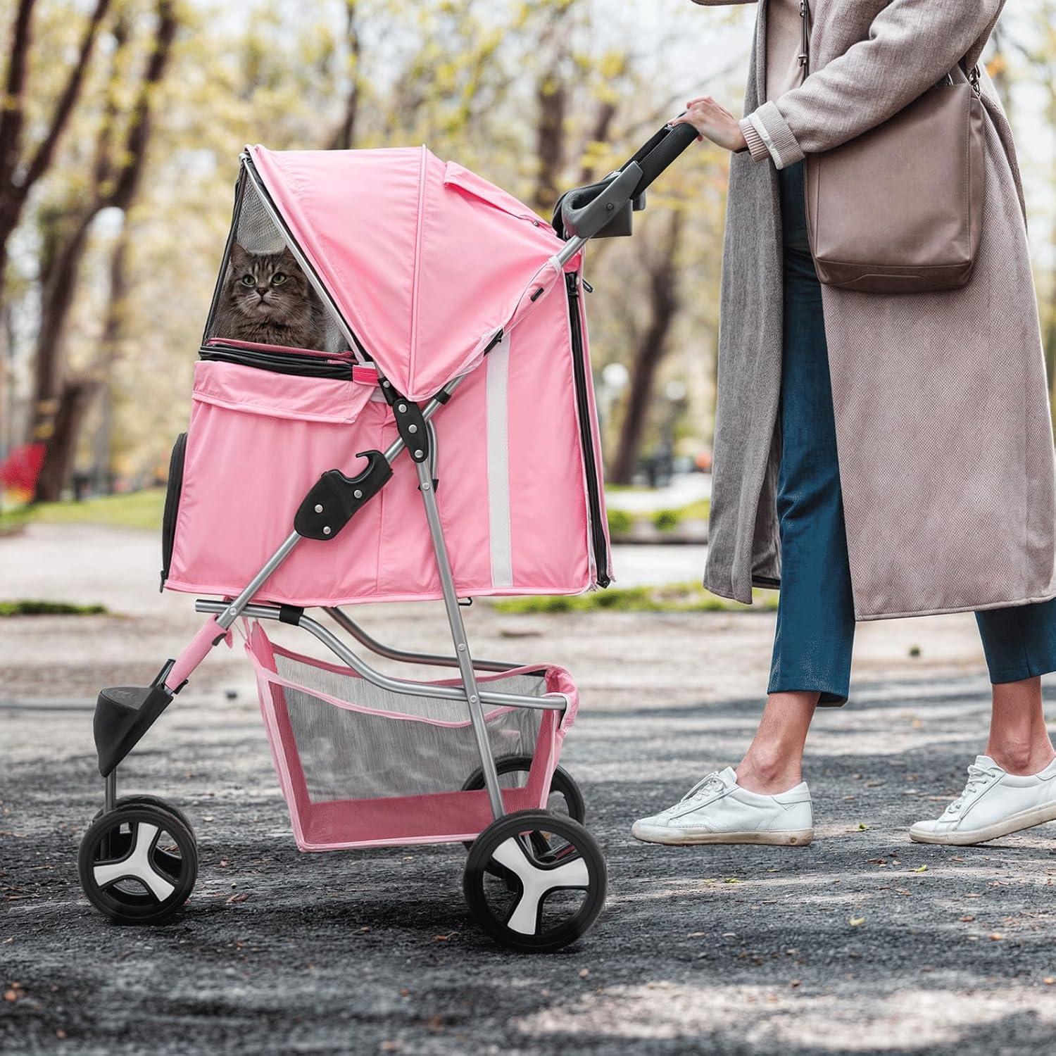3 Wheel Folding Pet Stroller, Foldable Dog Jogger Stroller with Storage Basket, Cup Holder & Canopy