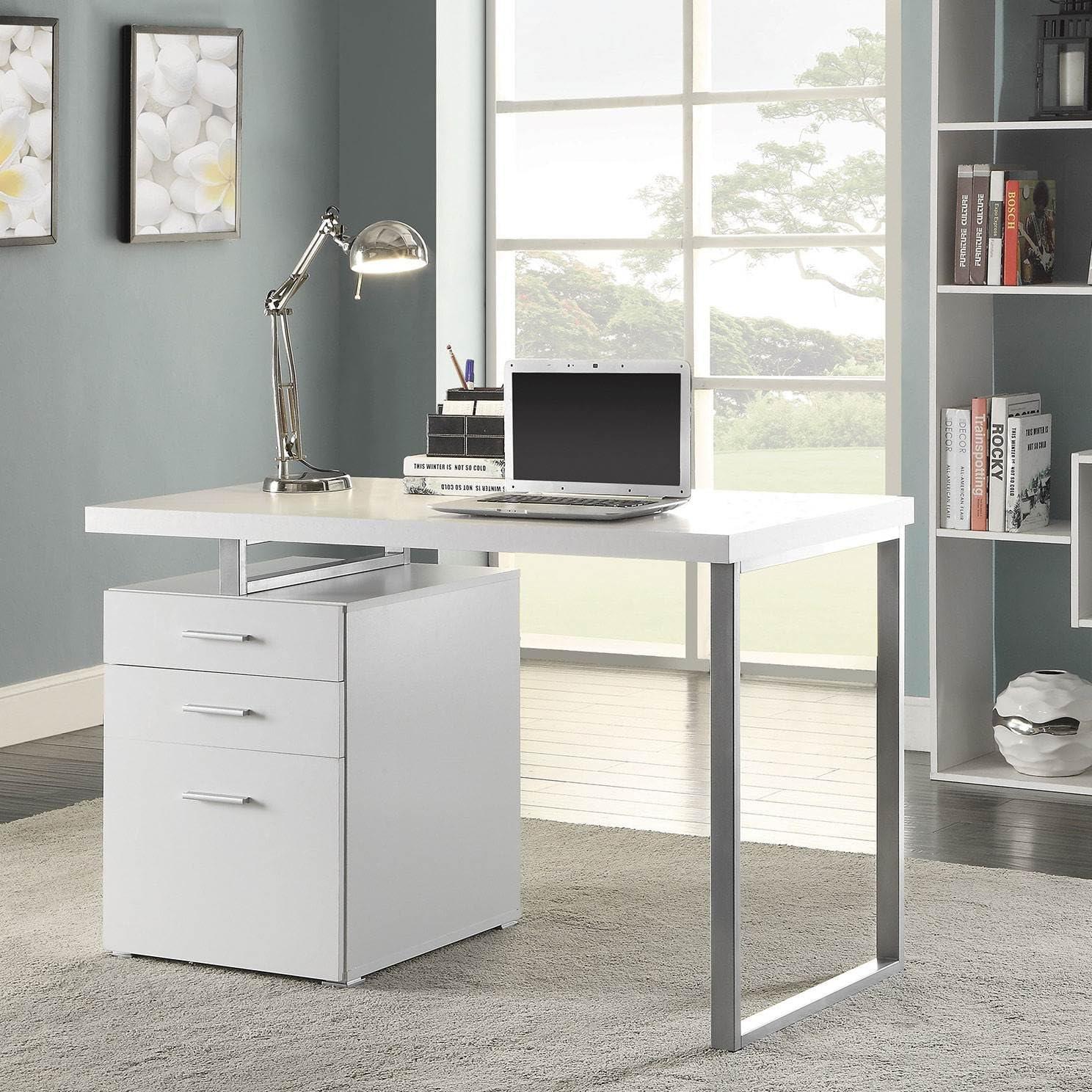 Coaster Brennan Modern 3-Drawer Wood Office Desk in White and Silver