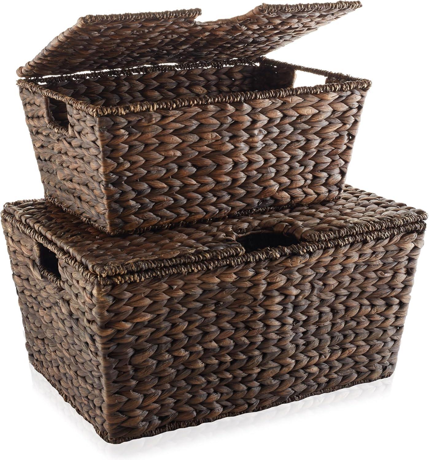 Casafield Water Hyacinth Lidded Storage Basket Sets,  Multipurpose Organizer Totes with Tapered Bottoms