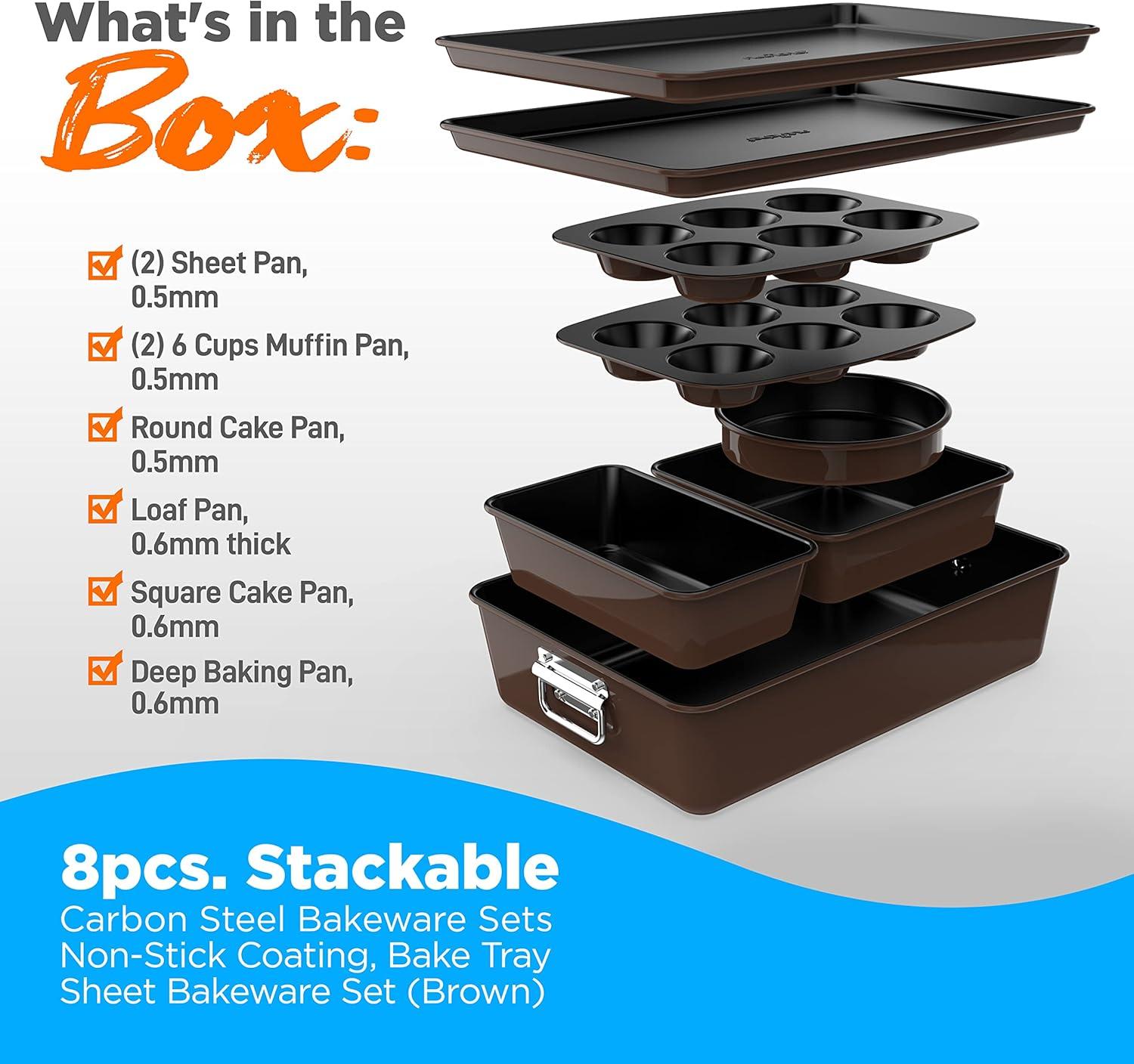 NutriChef 8-Piece Nonstick Stackable Bakeware Set - Pfoa, Pfos, Ptfe Free Baking Tray Set W/ Non-Stick Coating, 450°F Oven Safe, Round Cake, Loaf, Muffin, Wide/Square Pans, Cookie Sheet