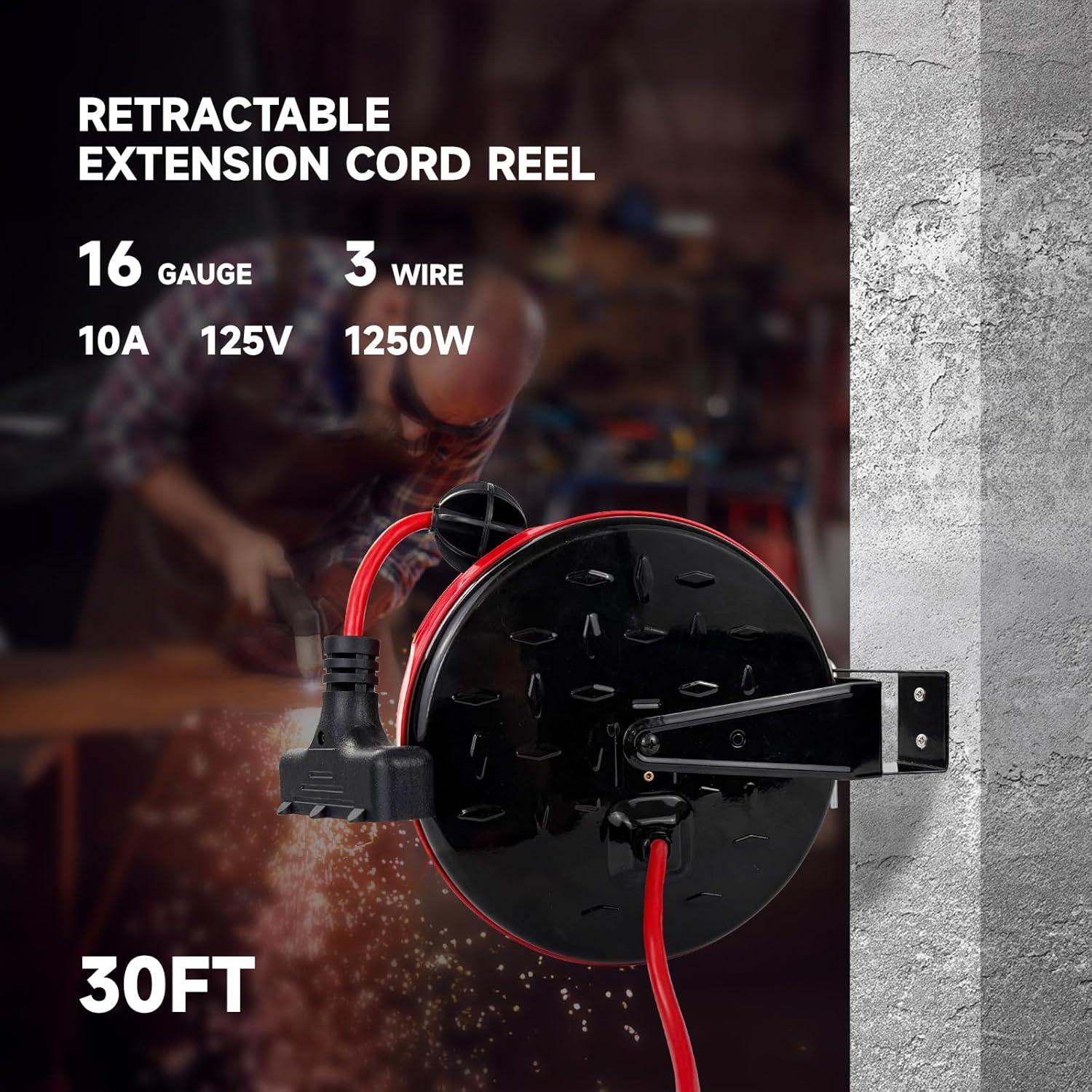 EP 30 Ft Retractable Extension Cord Reel, 16/3 SJTW Power Cord with 3 Electrical Outlets, Ceiling or Wall Mount, 10 Amp Circuit Breaker, Metal Plate, UL Listed, Red