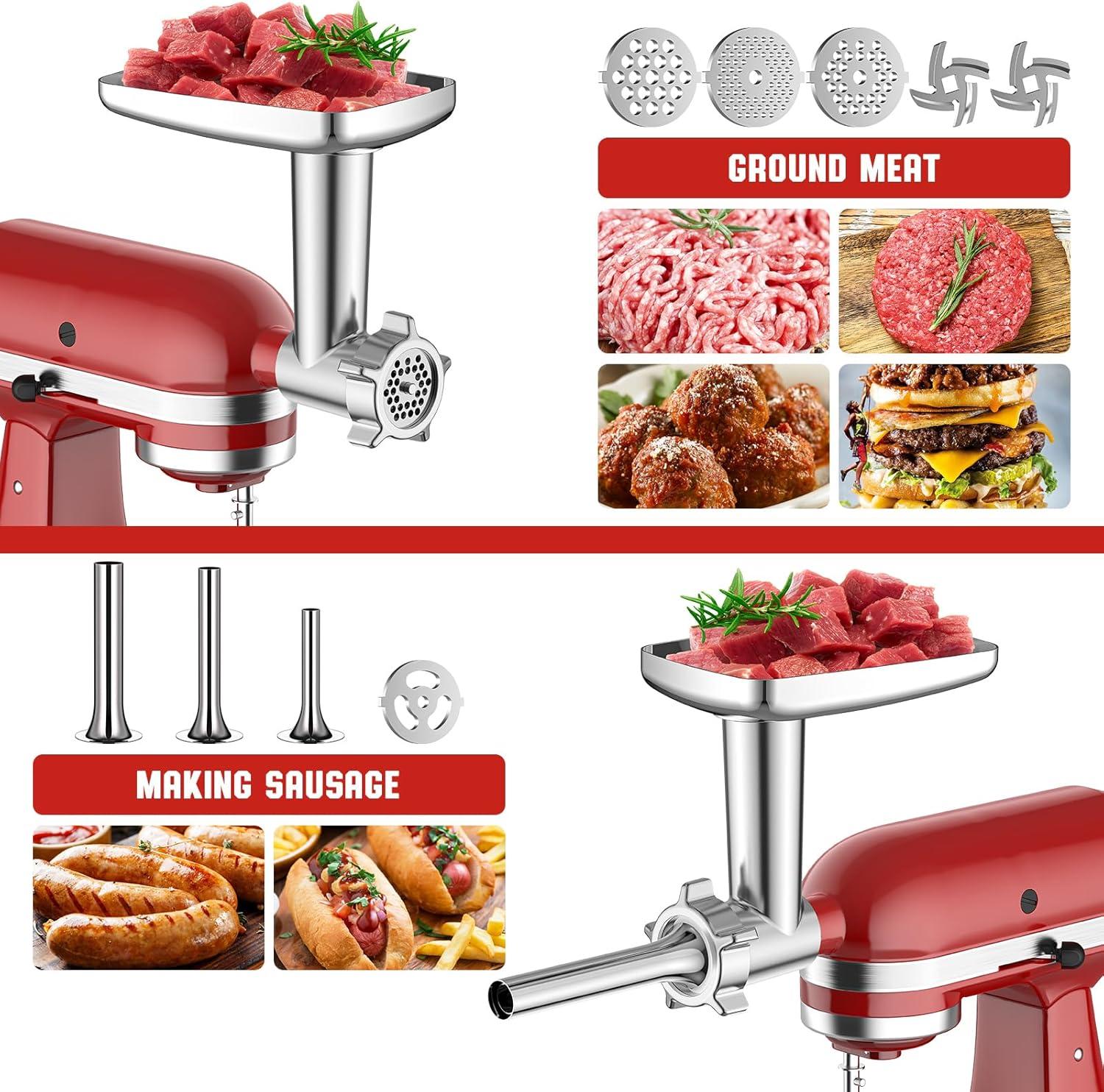 Meat Grinder & Stainless Steel Slicer Shredder Attachment for KitchenAid Stand Mixer, Meat Grinder for Kitchenaid Mixer with Sausage Stuffer Tubes, Cheese Grater Attachment for Kitchenaid Stand Mixer