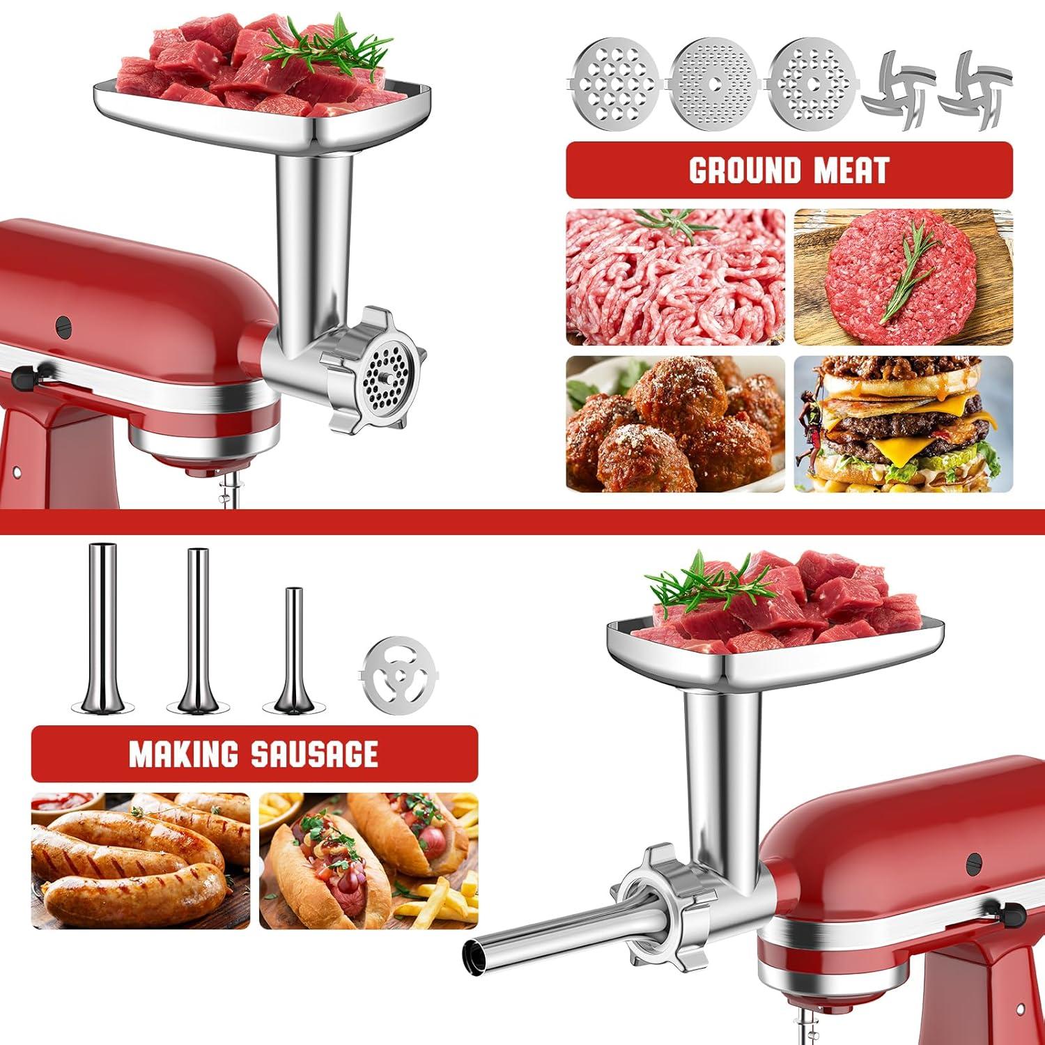 Meat Grinder & Stainless Steel Slicer Shredder Attachment for KitchenAid Stand Mixer, Includes Metal Food Grinder Attachment with Sausage Stuffer Tubes and Salad Machine Accessory by InnoMoon