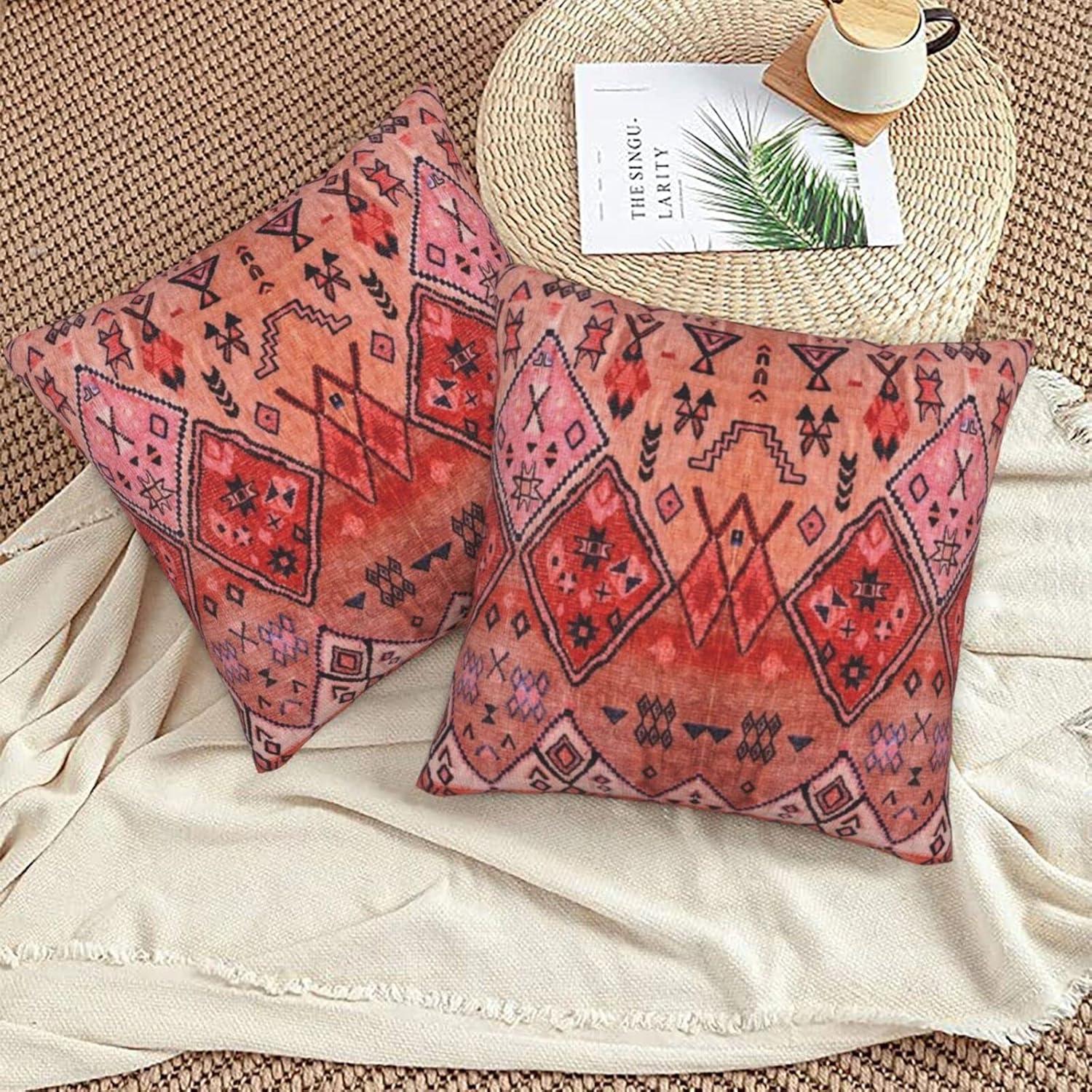 Set of 2 Throw Pillow Cover Boho Farmhouse Oriental Traditional Moroccan Style Throw Pillow Case Soft Velvet Decorative Home Decor Living Room Cushion Case for Bed Couch Car 18x18 Inch