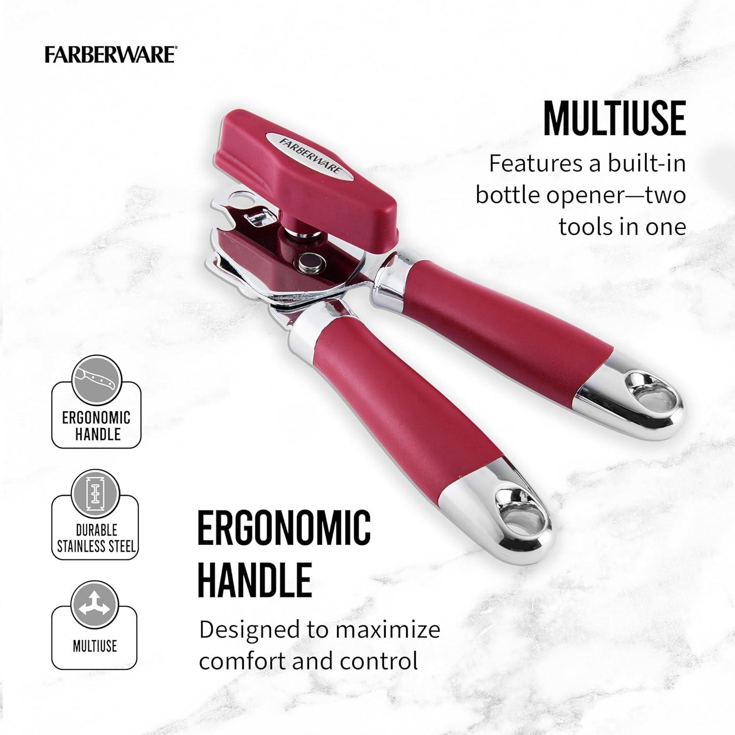 Farberware Professional 2 Stainless Steel Can Opener, Cushioned Ergonomic Handles & Built In Bottle Opener