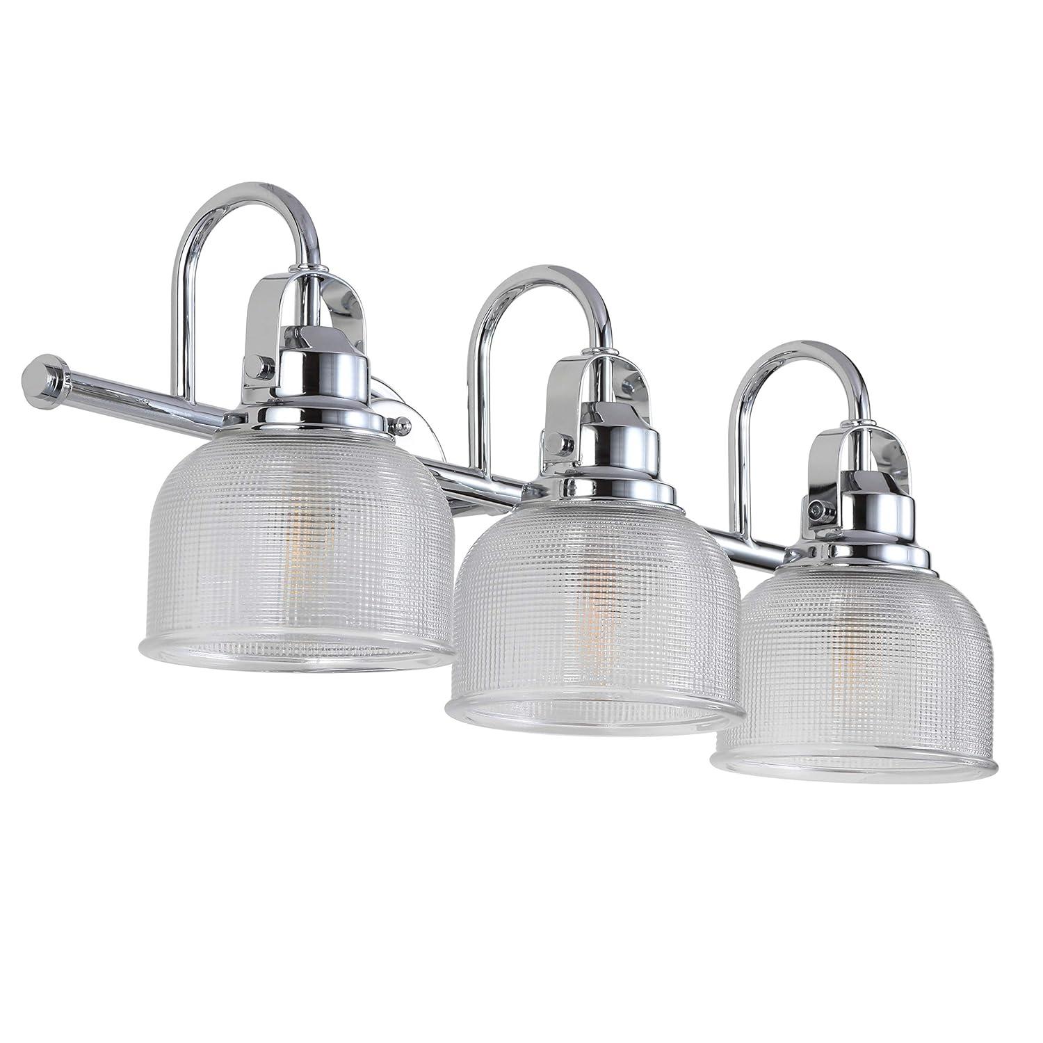 RADIANCE Goods Industrial-Style 3 Light Chrome Finish Bath Vanity Wall Fixture Clear Prismatic Glass 25" Wide