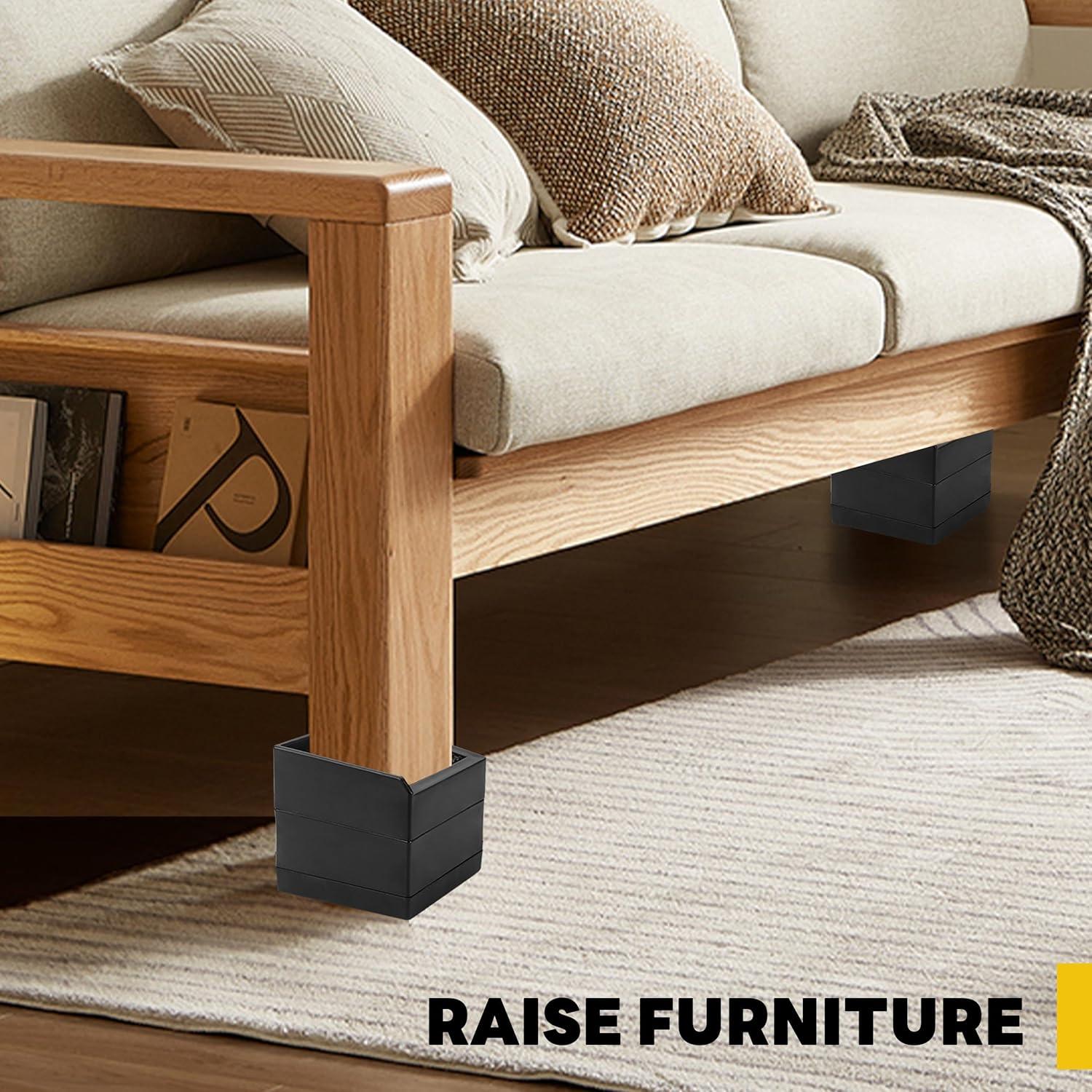 BTSD-home Bed Risers Heavy Duty Adjustable Furniture Risers Elevation in Heights 1 or 3 Inch Bed Frame Lifts Risers for Dorm Beds, Sofas 4 Pack Black Square