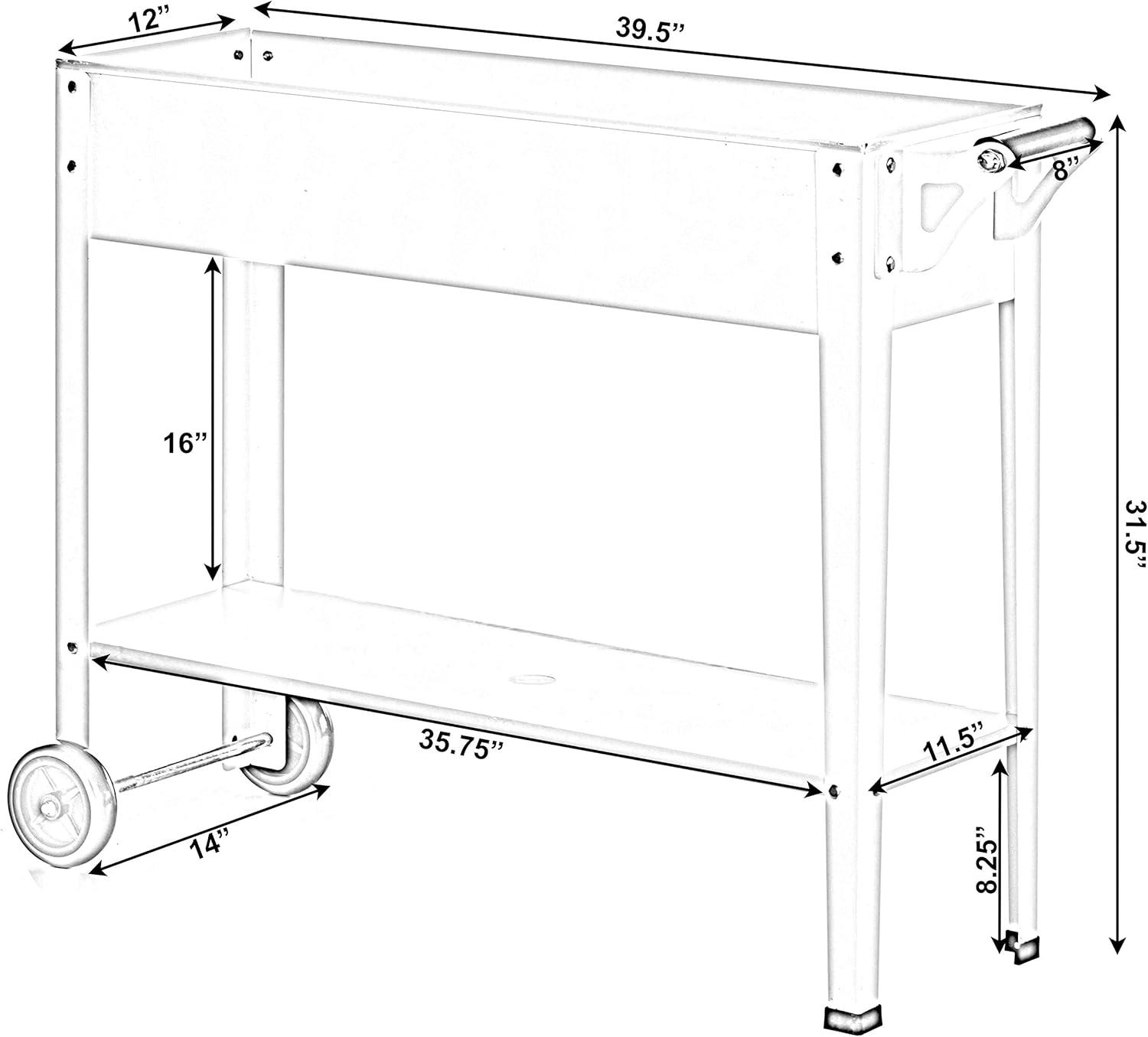 Elevated White Metal Mobile Planter Cart with Storage Shelf