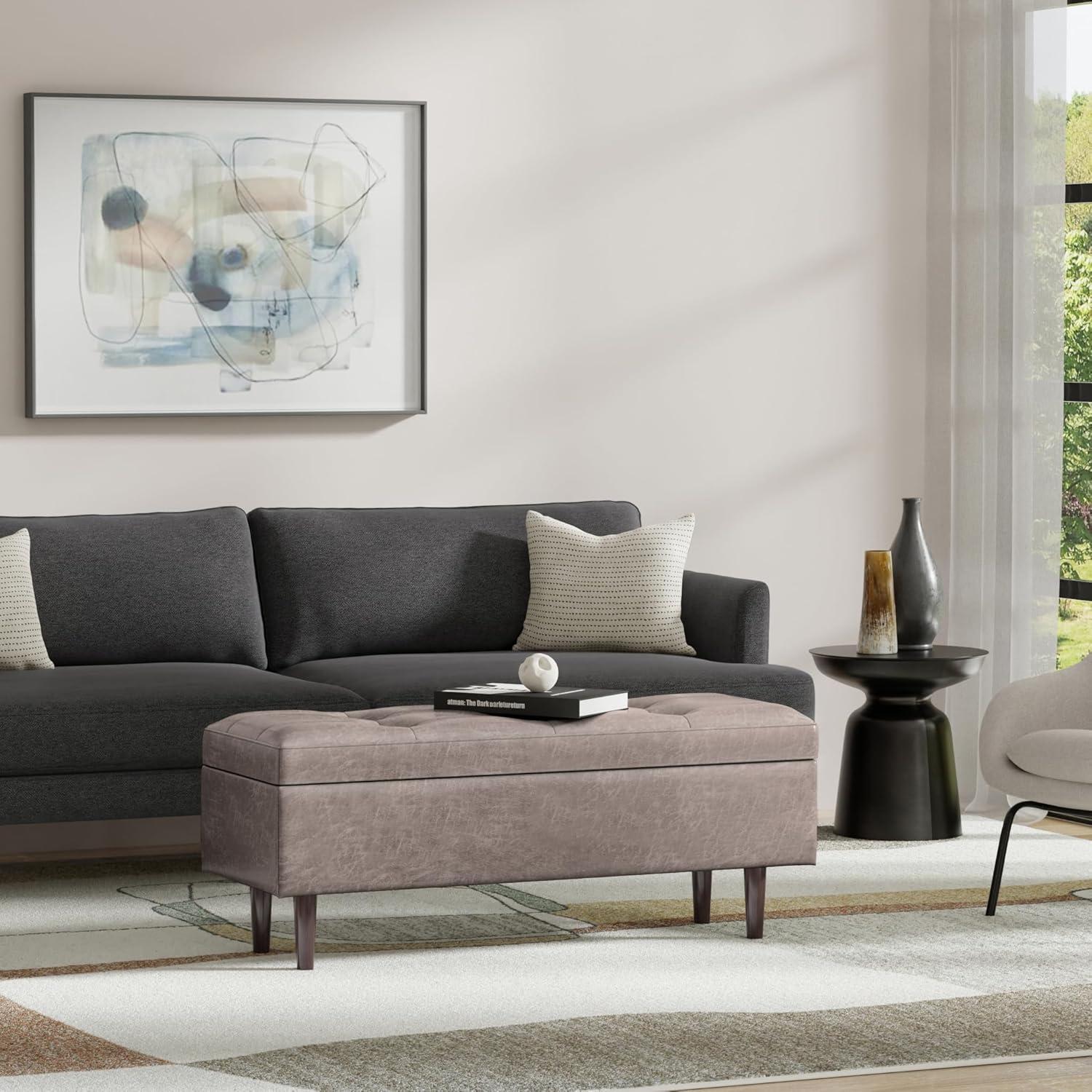 Simpli Home Shay 48"W Upholstered Storage Ottoman with Lift Top and Tufted Detailing