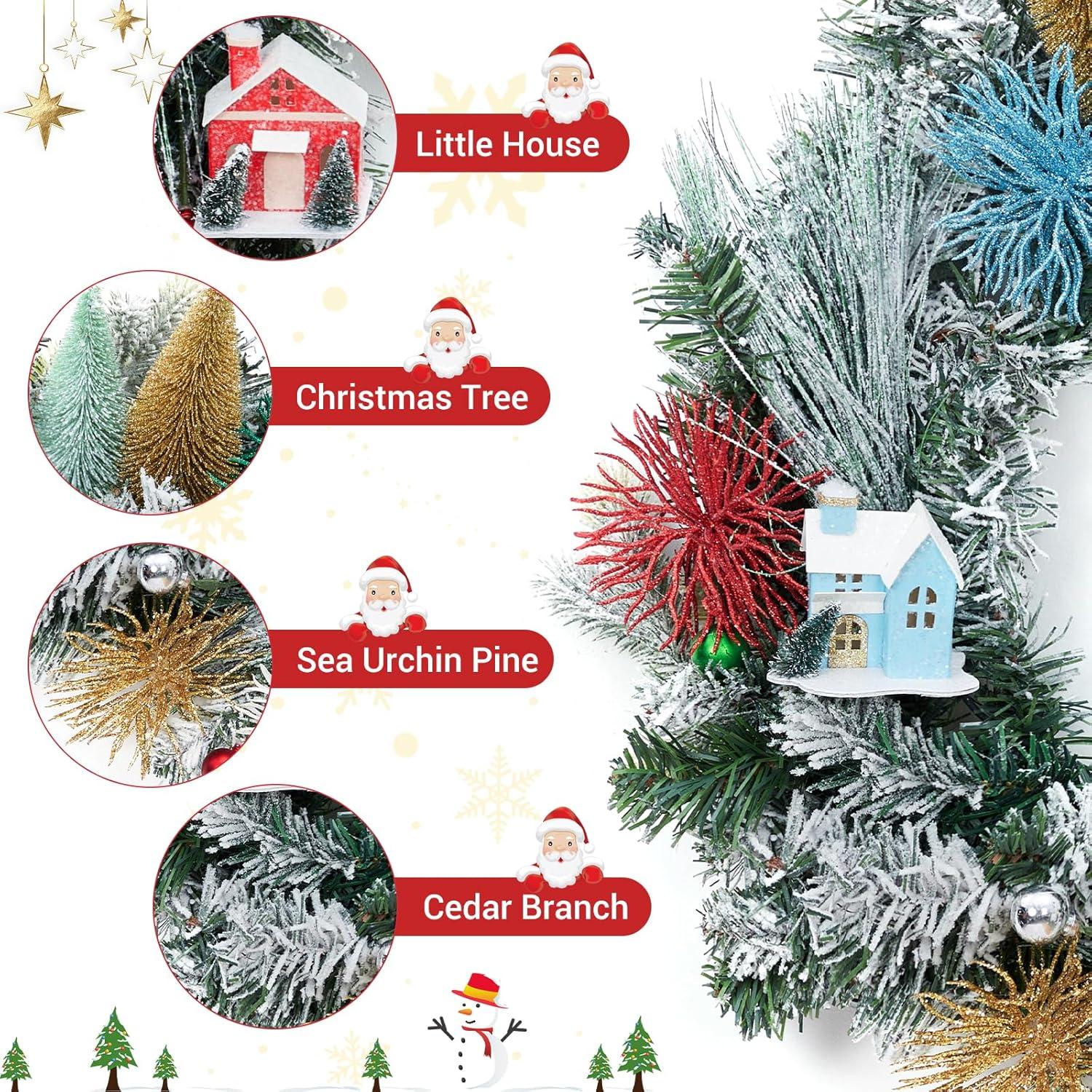 24 Inch Christmas Wreaths for Front Door, Xmas Village Wreath with Tree and Little House Decorations