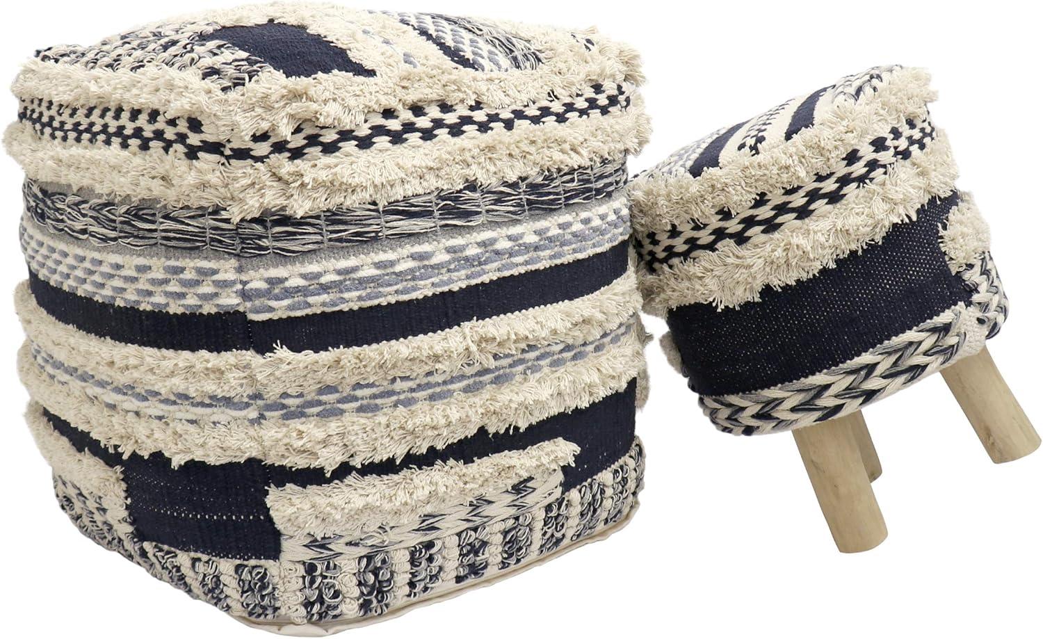 Navy and Beige Handwoven Cotton Shaggy Pouf