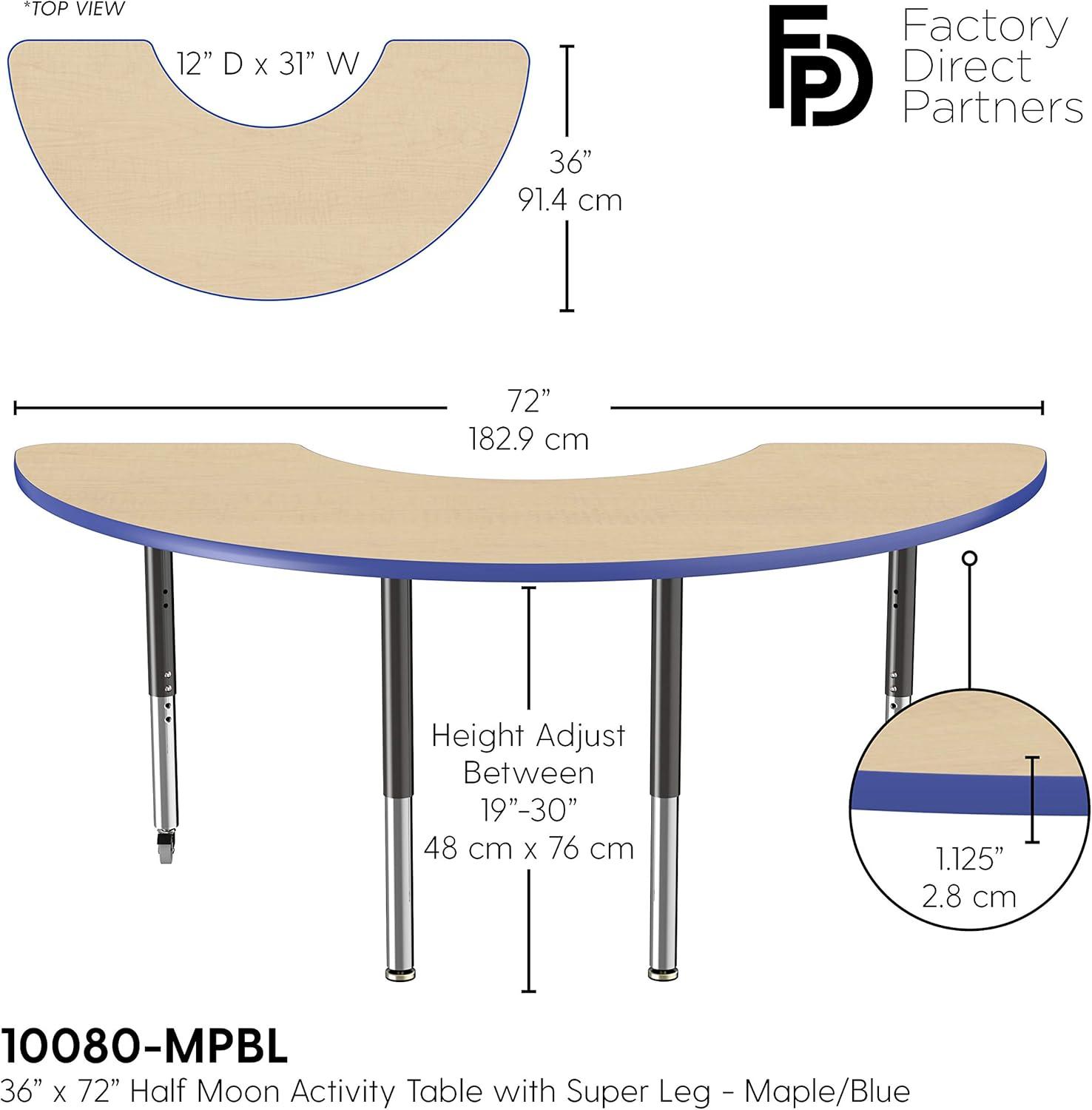 36" x 72" Half Moon T-Mold Activity Table with Adjustable Legs