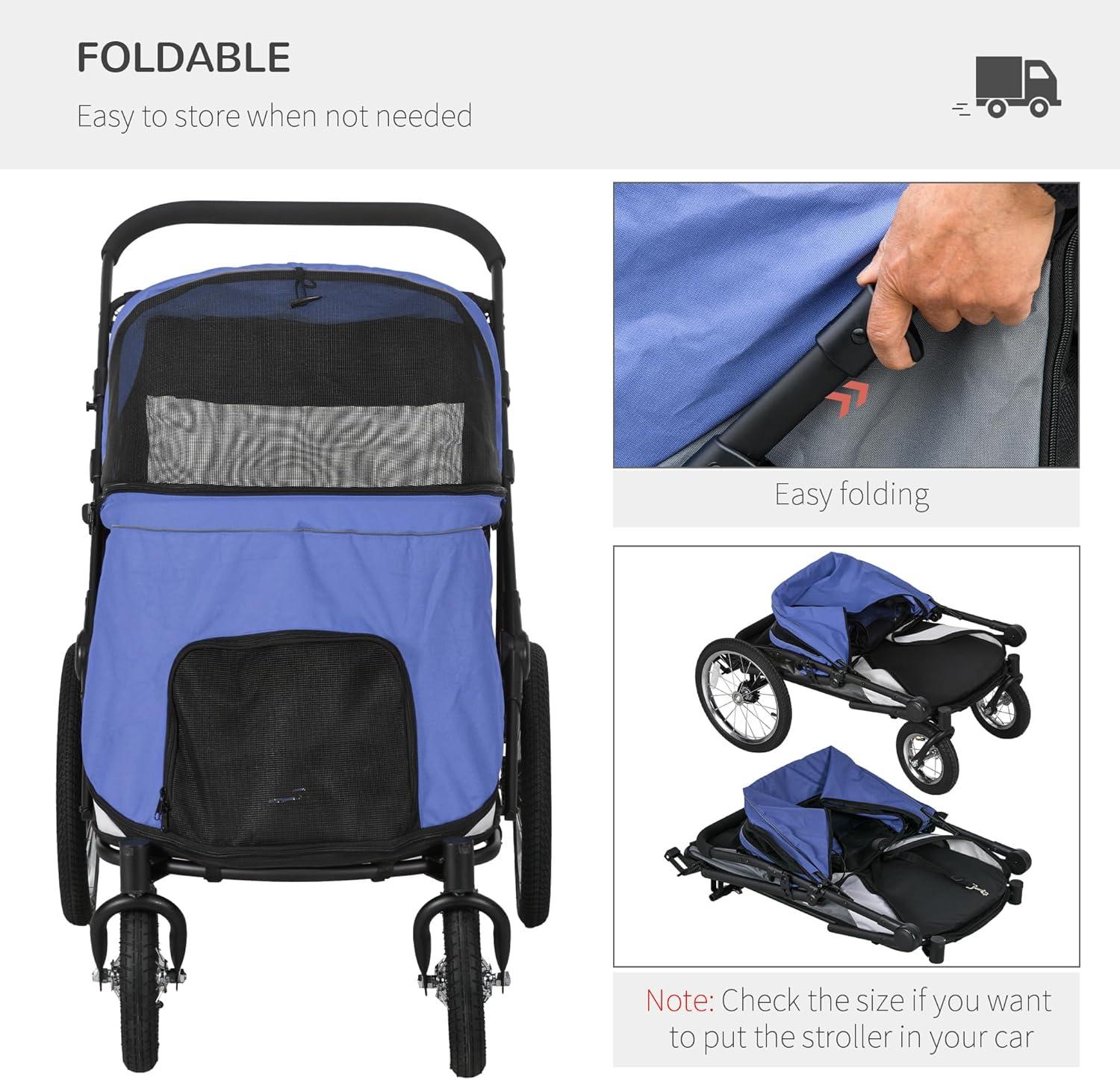 Blue Foldable Pet Stroller with Mesh Canopy and Cushion