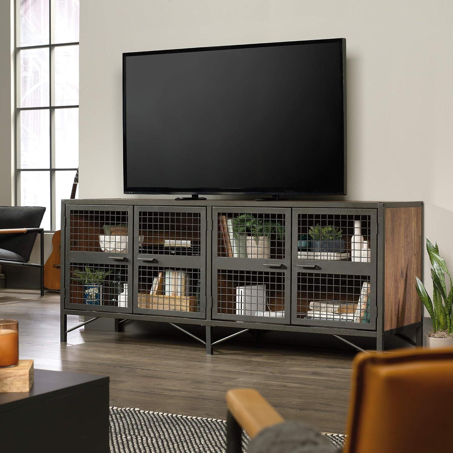 Vintage Oak and Black Industrial TV Stand with Mesh Doors