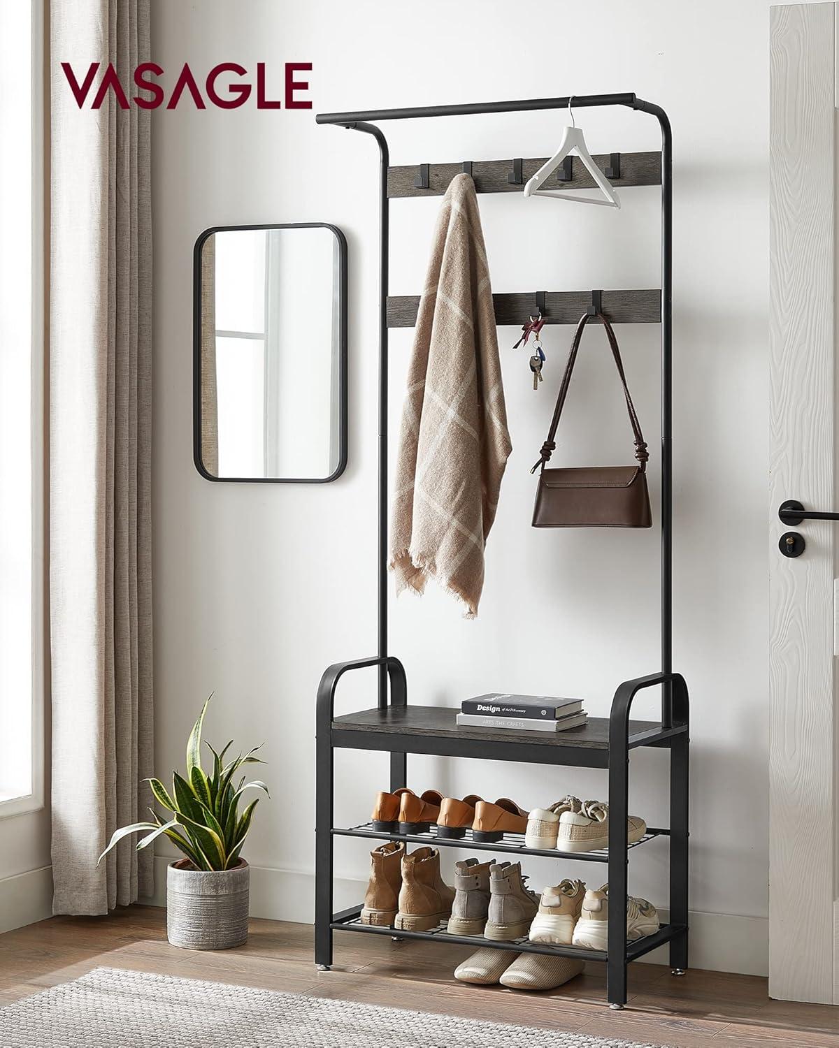 Charcoal Gray and Black Hall Tree with Bench and Hooks