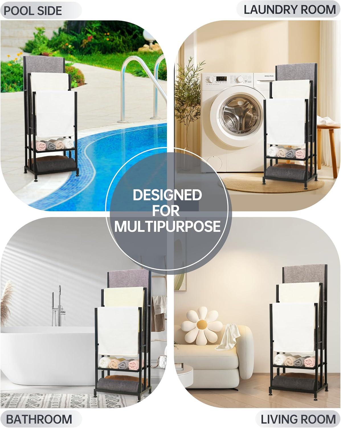 Black 41" H Free Standing 3 Tier Blanket Rack with 2 Storage Shelves - Anti-Rust Towel Rack for Bathroom, Outdoor, Bath & Pool (41"x16"x12")