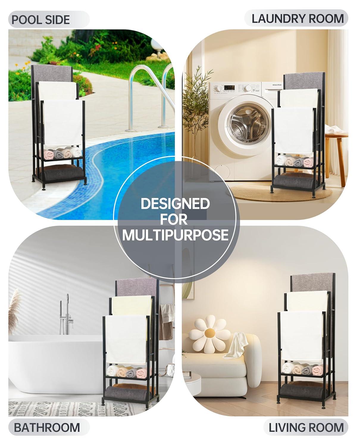 Black 41" H Free Standing 3 Tier Blanket Rack with 2 Storage Shelves - Anti-Rust Towel Rack for Bathroom, Outdoor, Bath & Pool (41"x16"x12")