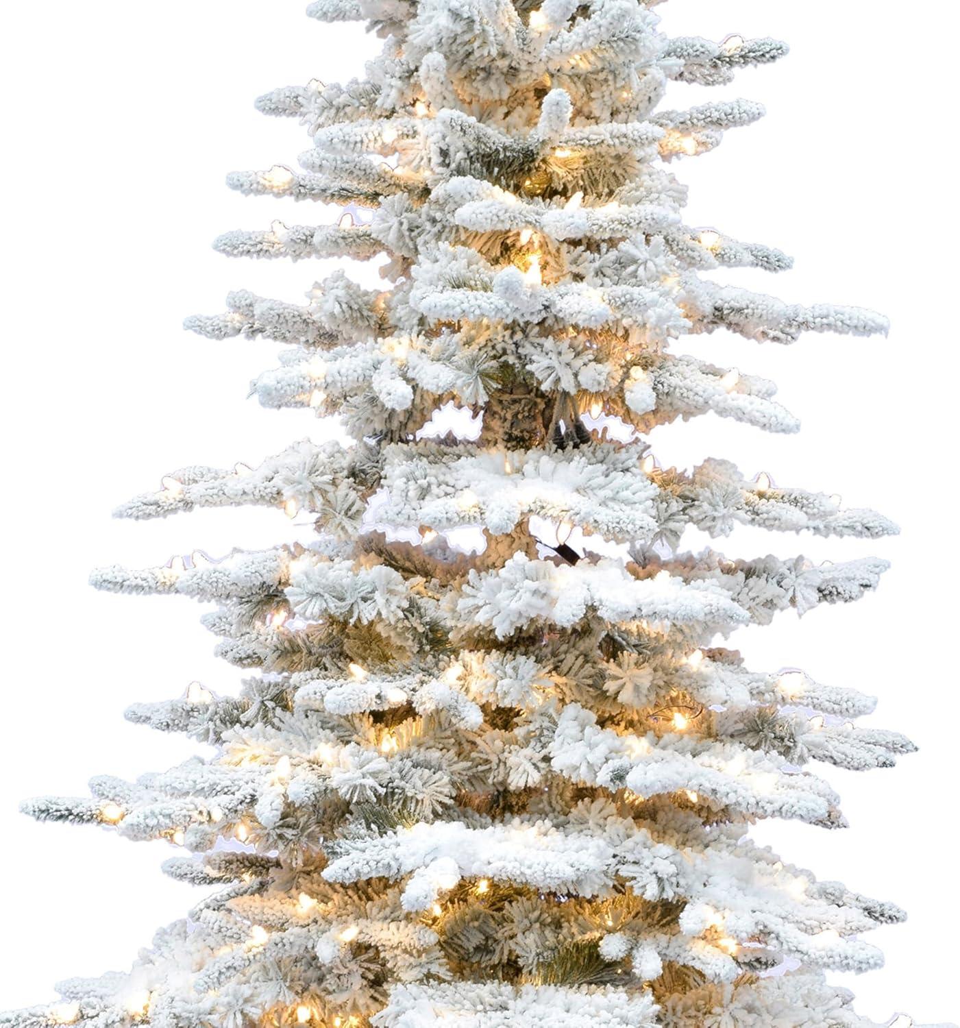 Fraser Hill Farm Flocked Mountain Pine Christmas Tree with Clear Incandescent Smart Lights