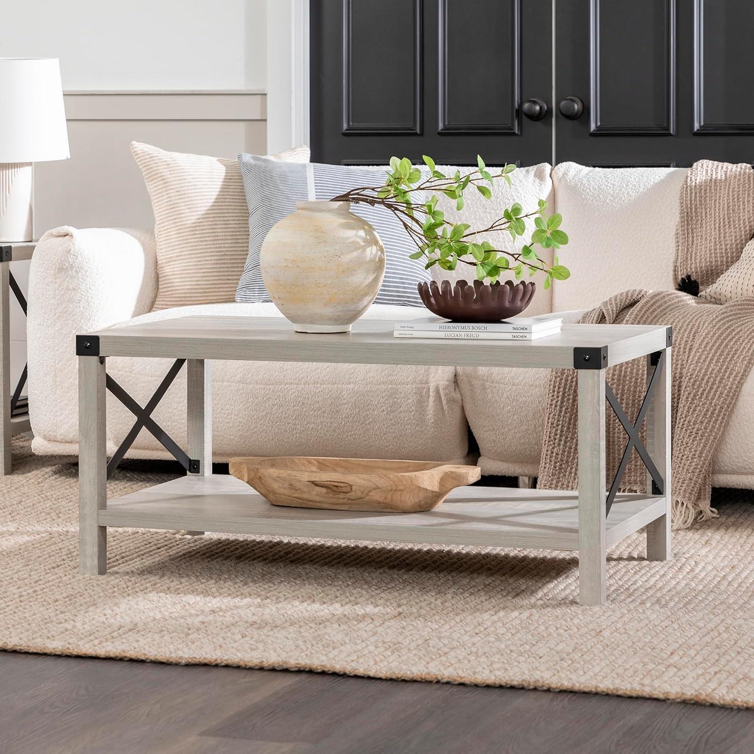 Walker Edison Magnolia Metal X Coffee Table, Stone Grey